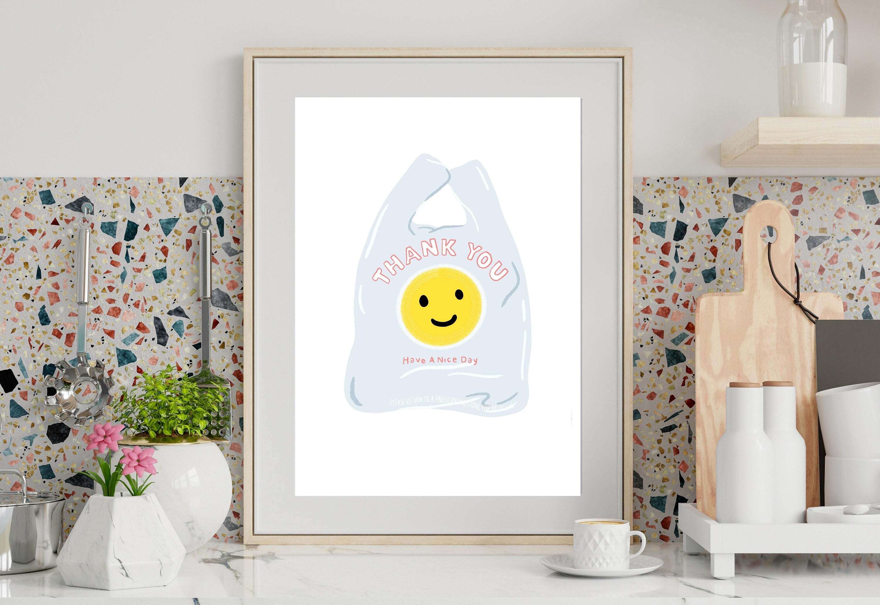 Thank You Shopping Bag Art Print, Have A Nice Day Plastic Bag, Digital Download, Minimal Wall Decor, Cute Kitchen Decor, Kitchen Posters