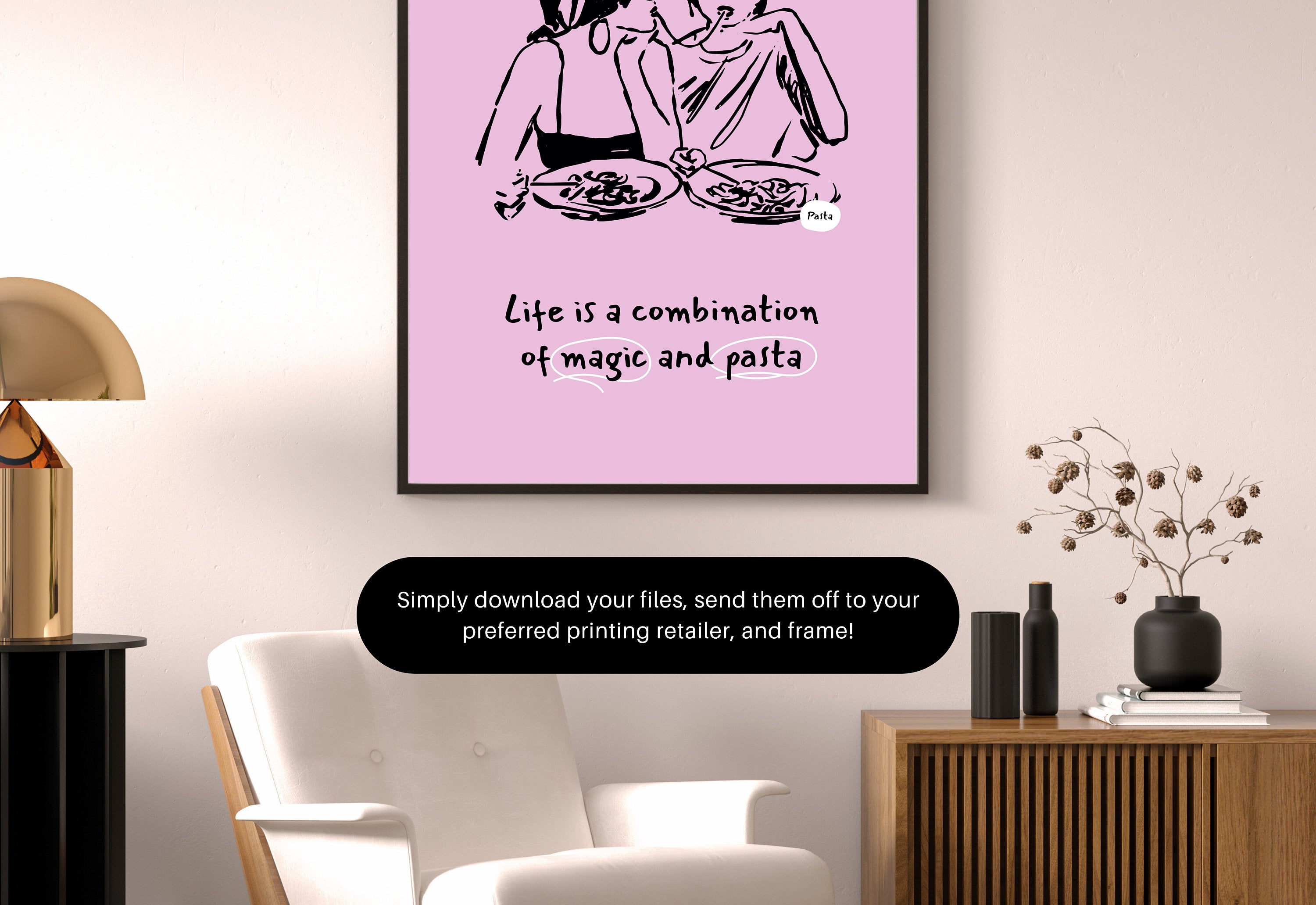 Pasta Art Print, Digital Download, Wall Art Print, Digital Food Art Print, Trendy Wall Art Print, Kitchen Wall Art Print, Pink Kitchen Decor