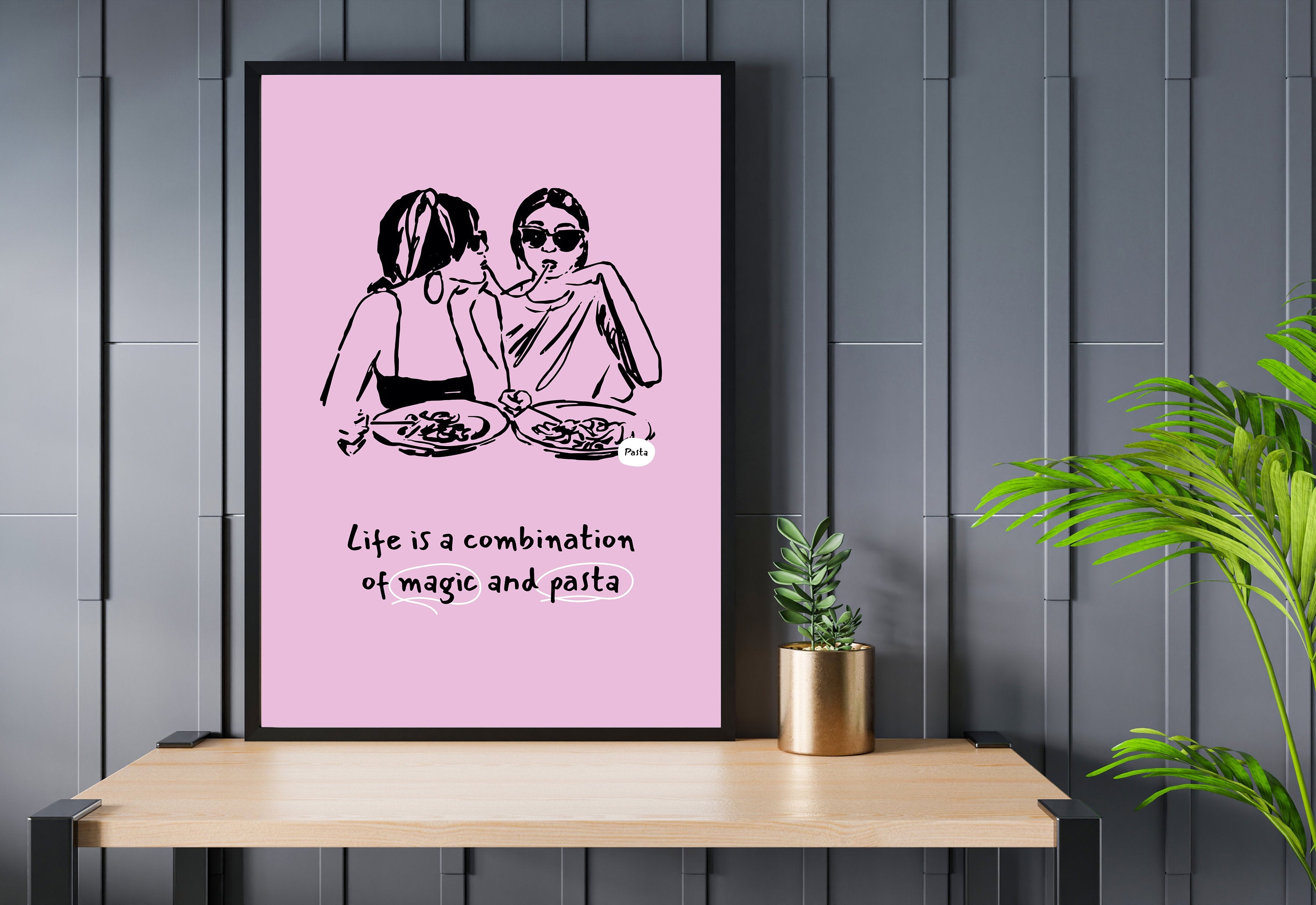 Pasta Art Print, Digital Download, Wall Art Print, Digital Food Art Print, Trendy Wall Art Print, Kitchen Wall Art Print, Pink Kitchen Decor