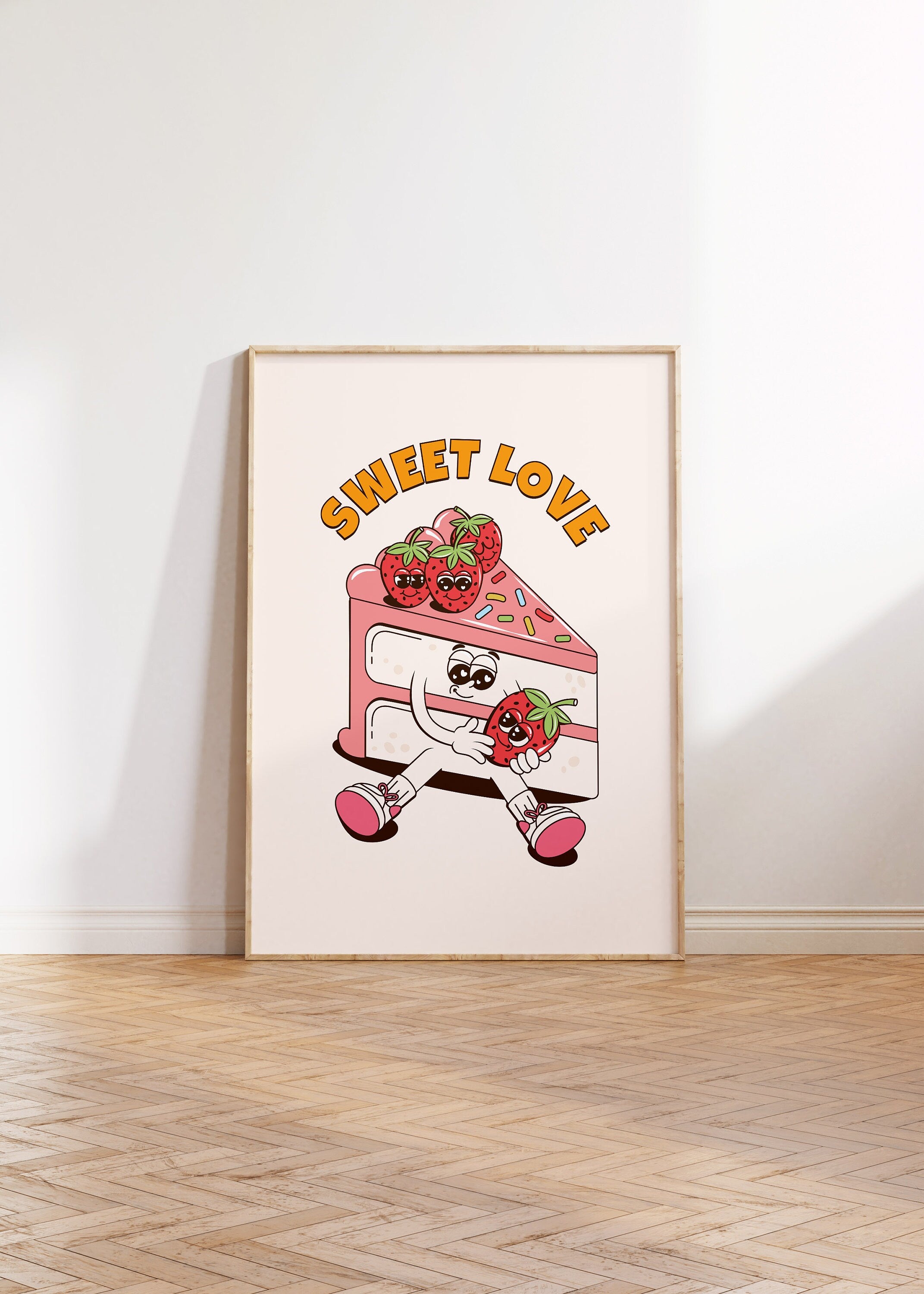 Cute Cake Art, Retro Cake Poster, Valentines Art, Pink Red Art, Cherry Cake Art, Vday poster, vday printable art, Cake Cartoon Art Print