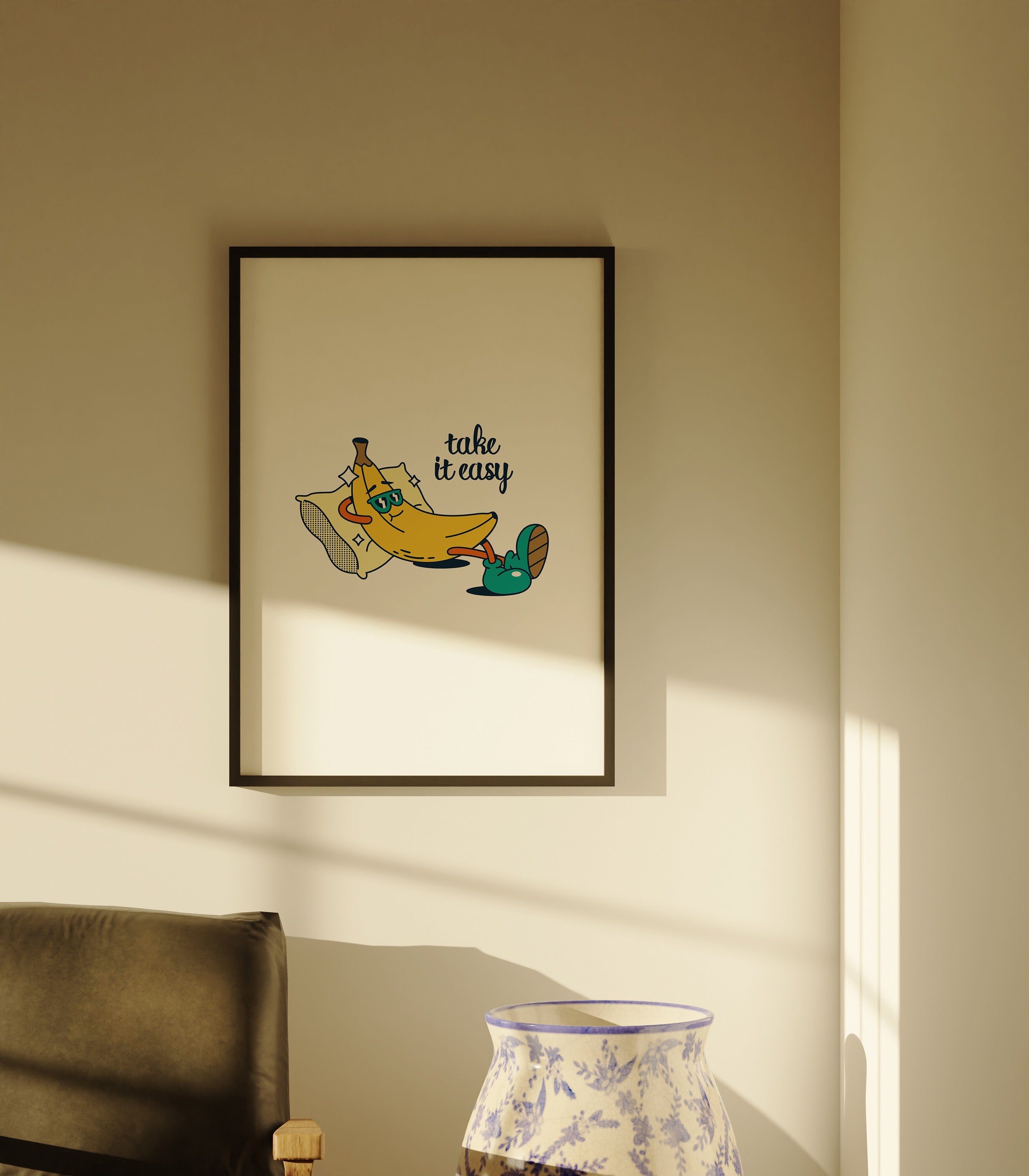 Take It Easy Art-Digital Prints-Retro Art Quote-Drink Art-Kitchen Art Print-Kitchen Art-Banana Art Print-Banana Cartoon Print-Funny Art