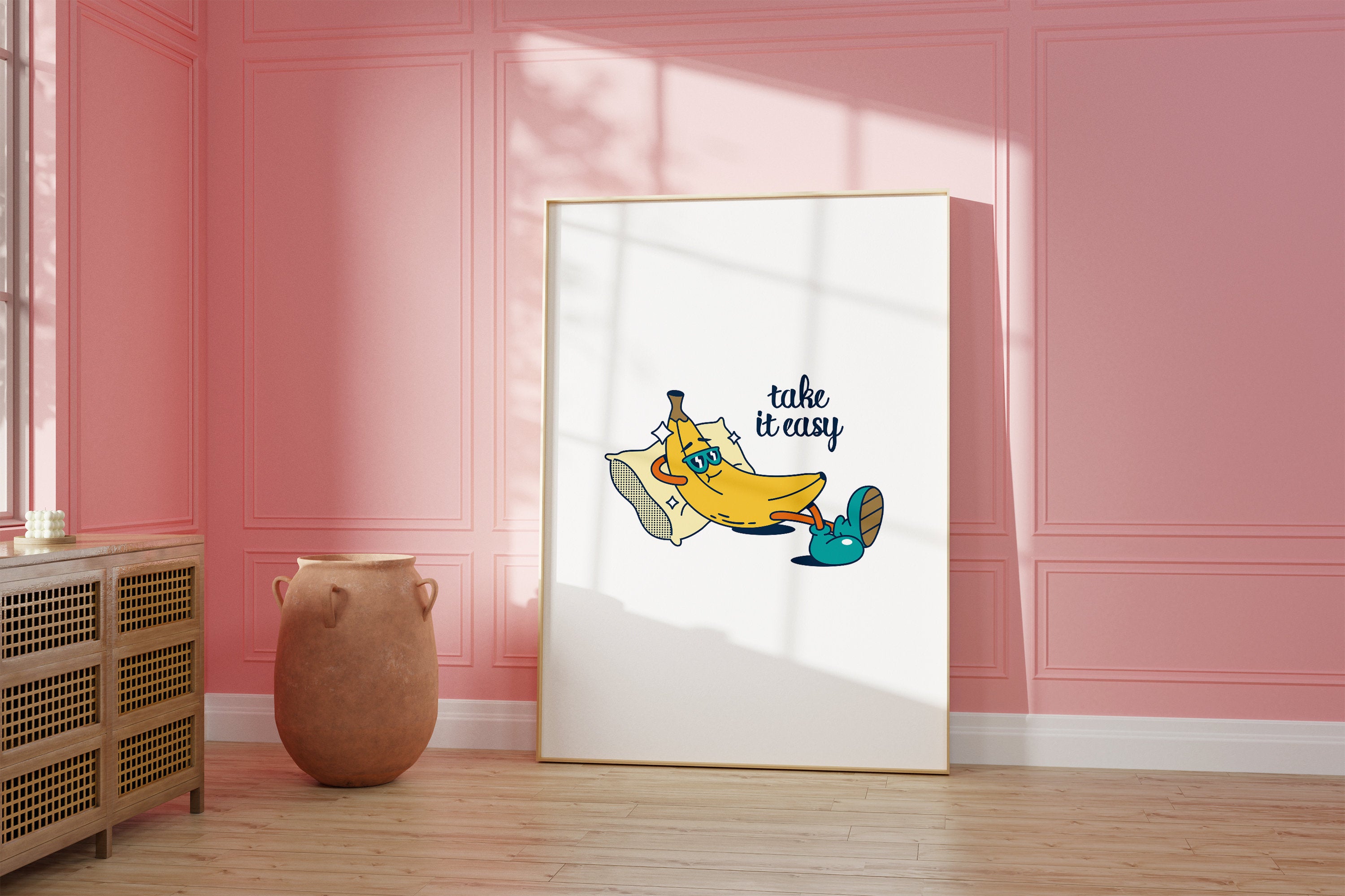 Take It Easy Art-Digital Prints-Retro Art Quote-Drink Art-Kitchen Art Print-Kitchen Art-Banana Art Print-Banana Cartoon Print-Funny Art