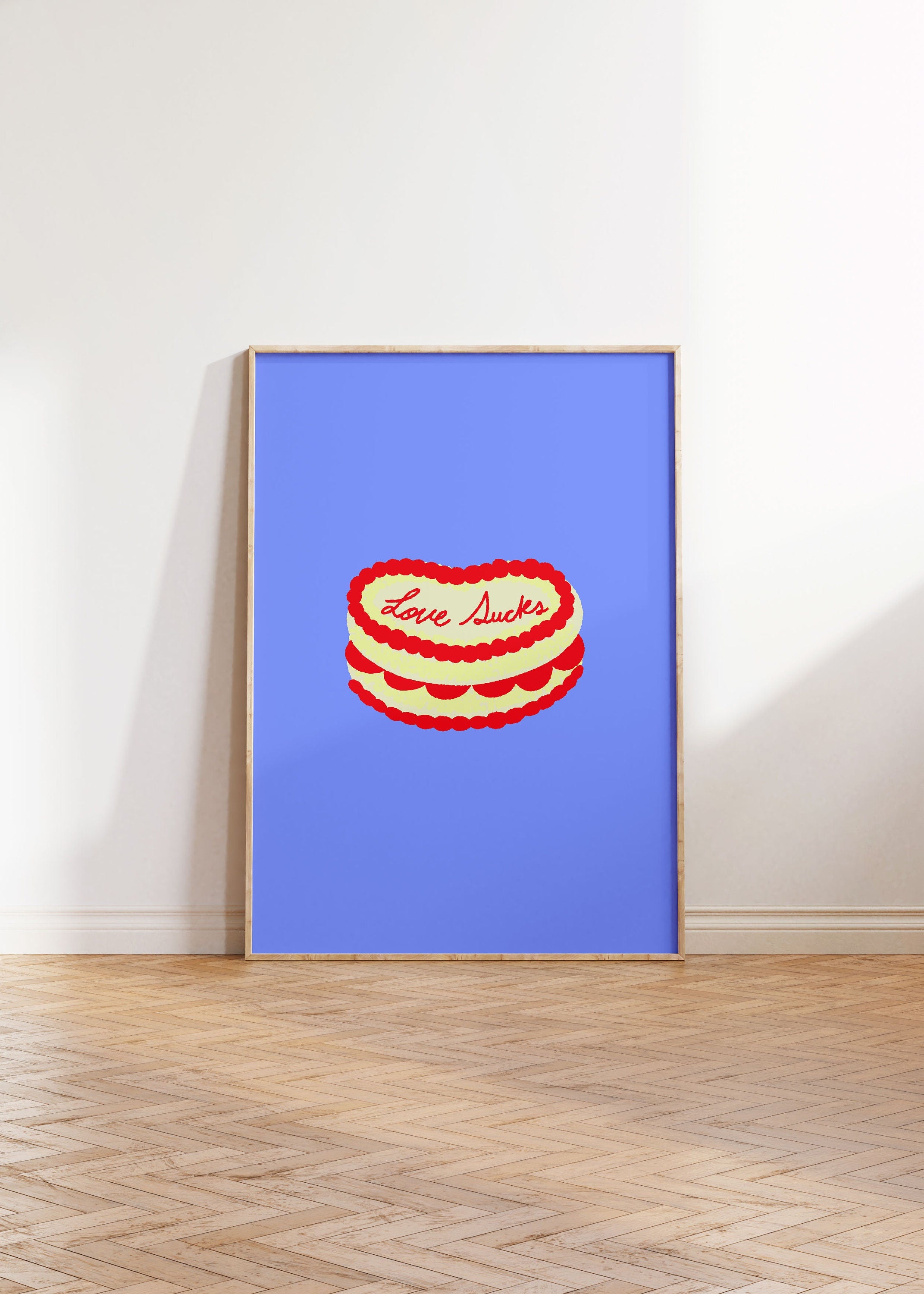 Cute Cake Art, Retro Cake Poster, Valentines Art, Pink Red Art, Cherry Cake Art, Vday poster, vday printable art, Cake Cartoon Art Print