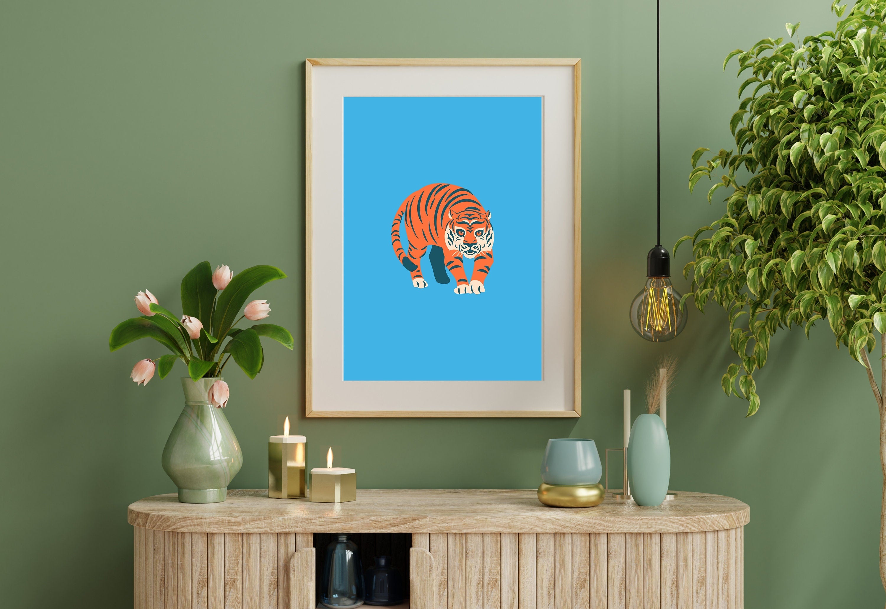 Tiger Art Print, Funky Trendy Art Prints, Dorm Decor, Digital Prints, Trendy Art, Animal Art, Minimal Poster, Funky Tiger Art, Blue Wall Art