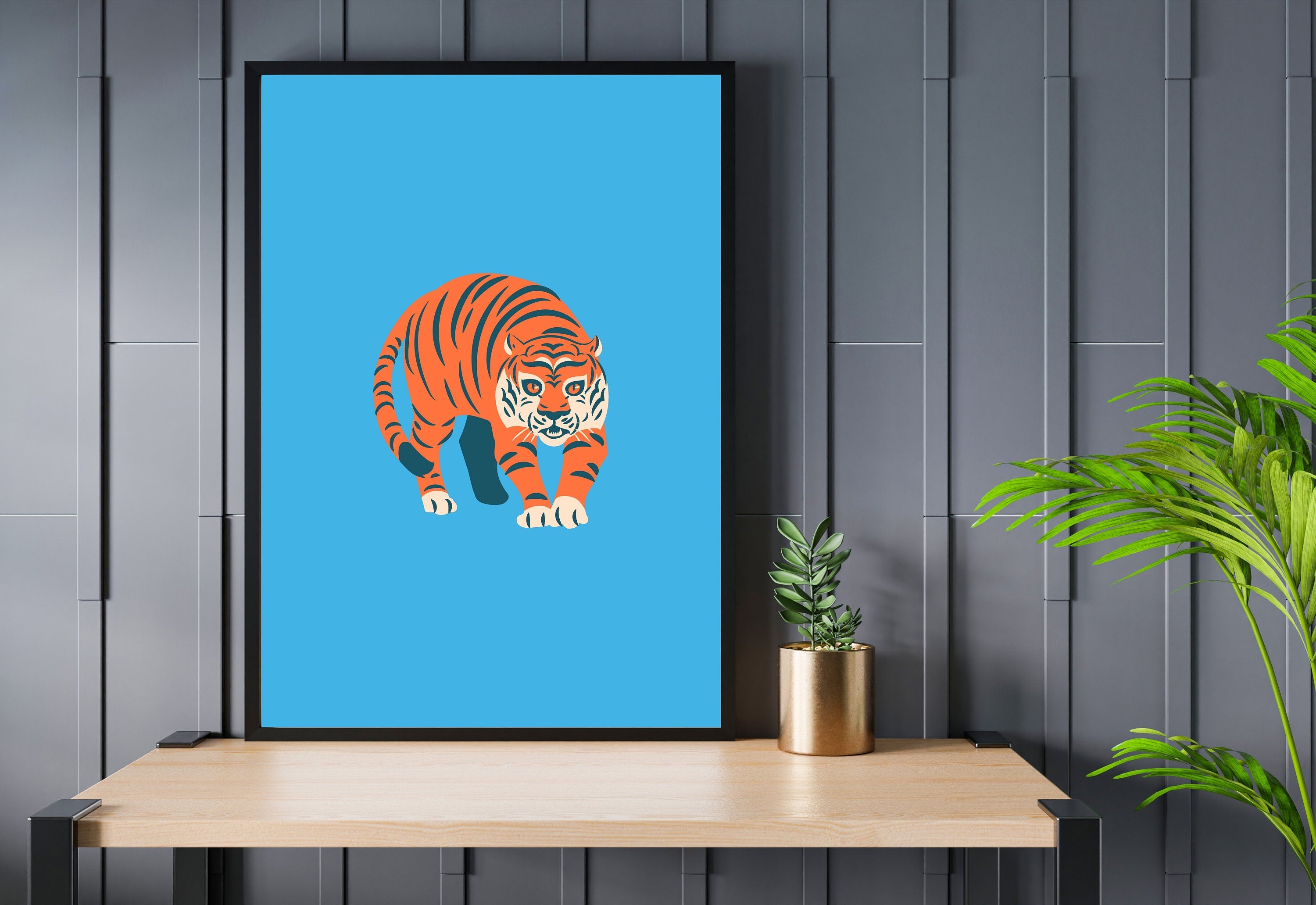 Tiger Art Print, Funky Trendy Art Prints, Dorm Decor, Digital Prints, Trendy Art, Animal Art, Minimal Poster, Funky Tiger Art, Blue Wall Art