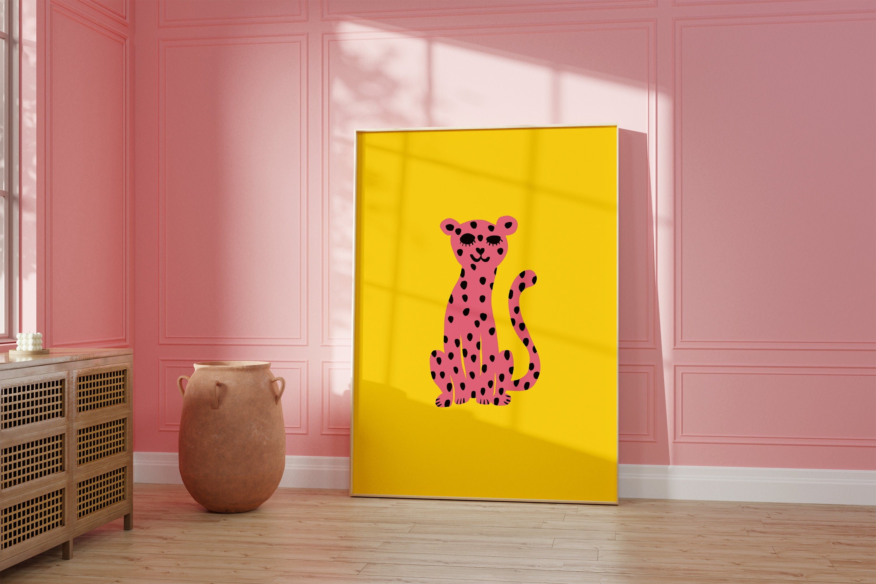 Yellow Animal Art, Kids Room Print, Digital download, Pink and Yellow Art, Preppy Wall Art, Pink Art Print, Funky Animal Art, Funky Posters