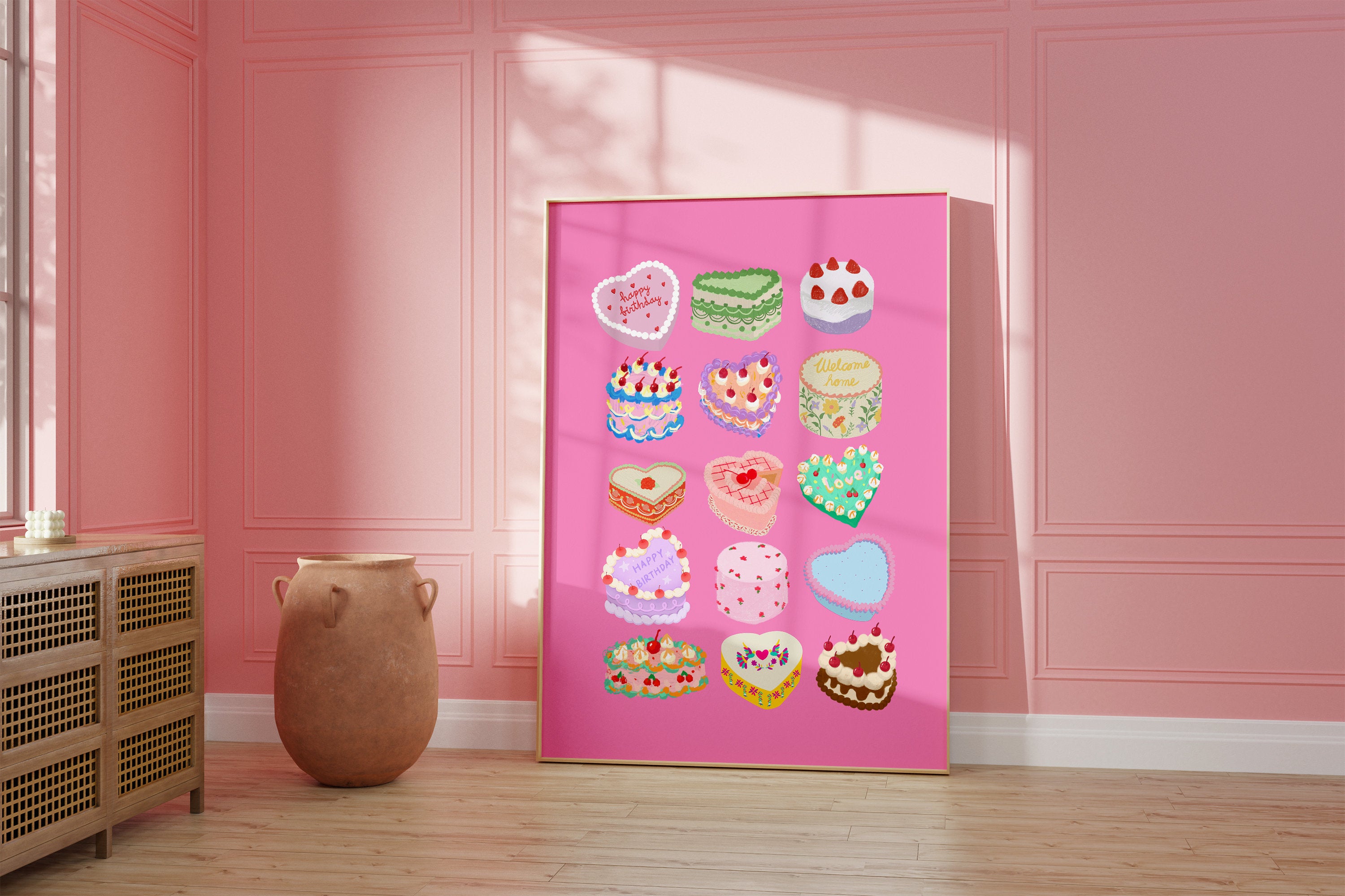 Cake Art, Digital Download, Vday Wall Art, Coquette Cake Art, Trendy Wall Art Print, Kitchen, Pink Kitchen Wall Decor, Pink Cake Art
