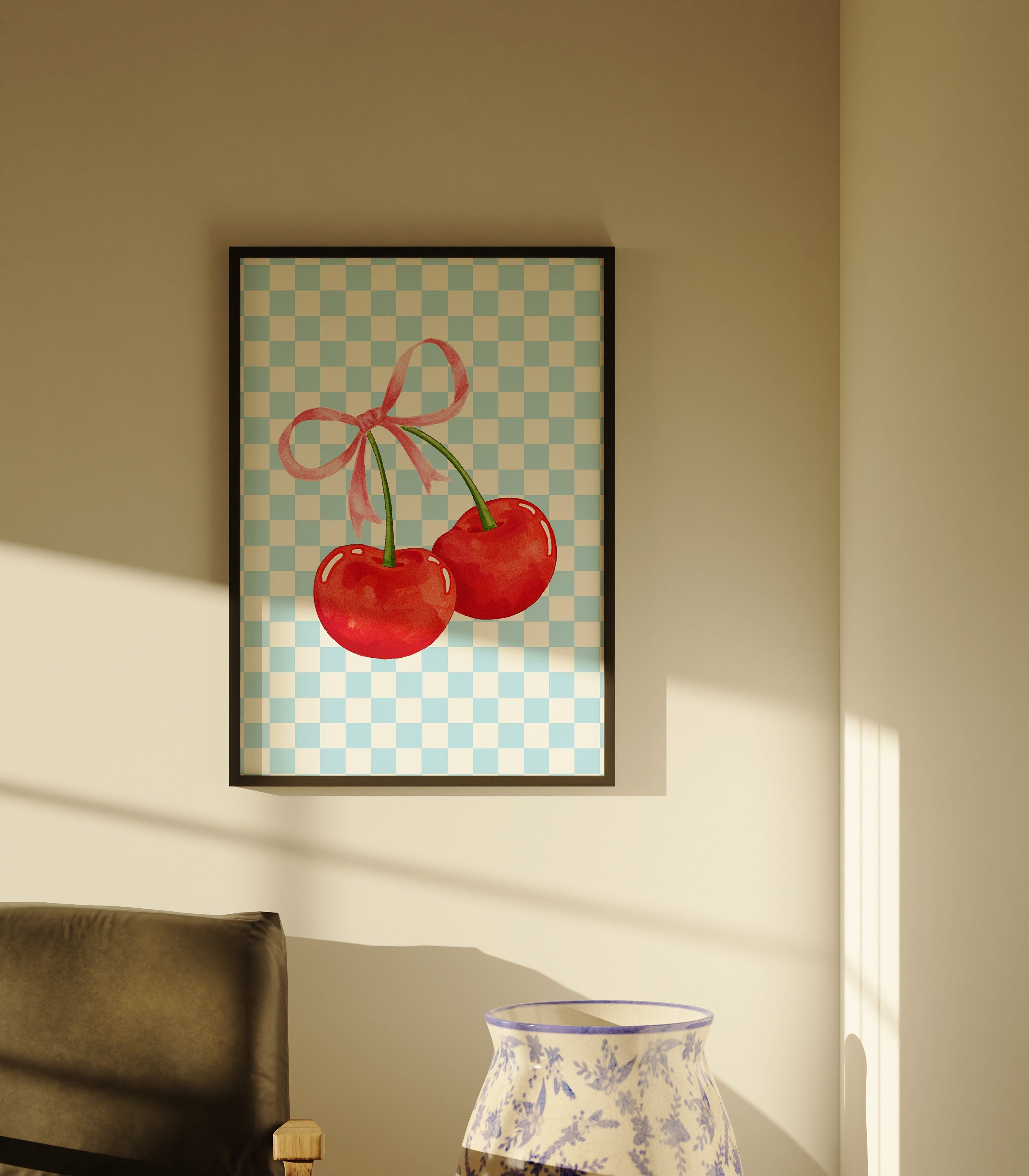 Cherry Poster, Cute Wall Art, Digital Download, Fruit Art Print, Digital Art, Trendy Wall Art, Home Decor, Blue Cherry Art, Coquette Poster