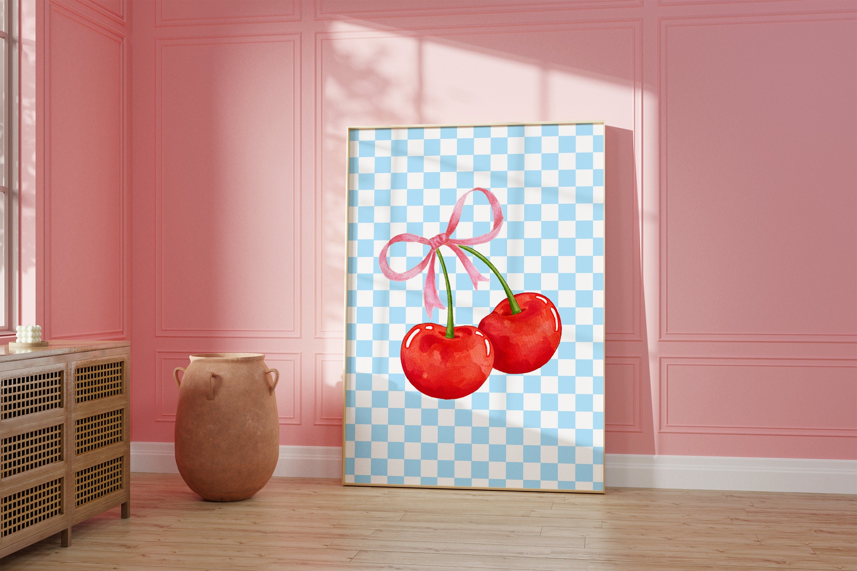 Cherry Poster, Cute Wall Art, Digital Download, Fruit Art Print, Digital Art, Trendy Wall Art, Home Decor, Blue Cherry Art, Coquette Poster