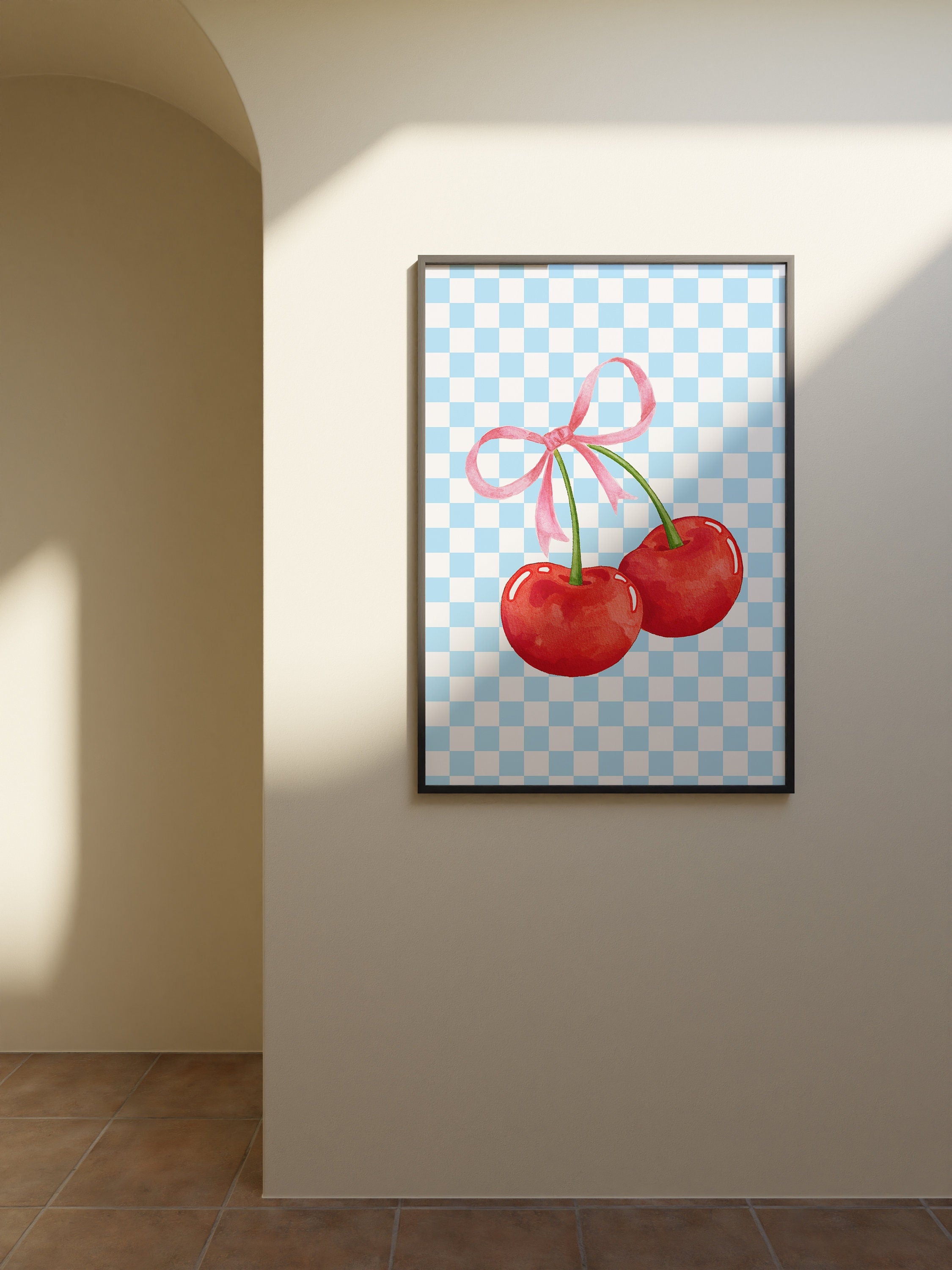 Cherry Poster, Cute Wall Art, Digital Download, Fruit Art Print, Digital Art, Trendy Wall Art, Home Decor, Blue Cherry Art, Coquette Poster