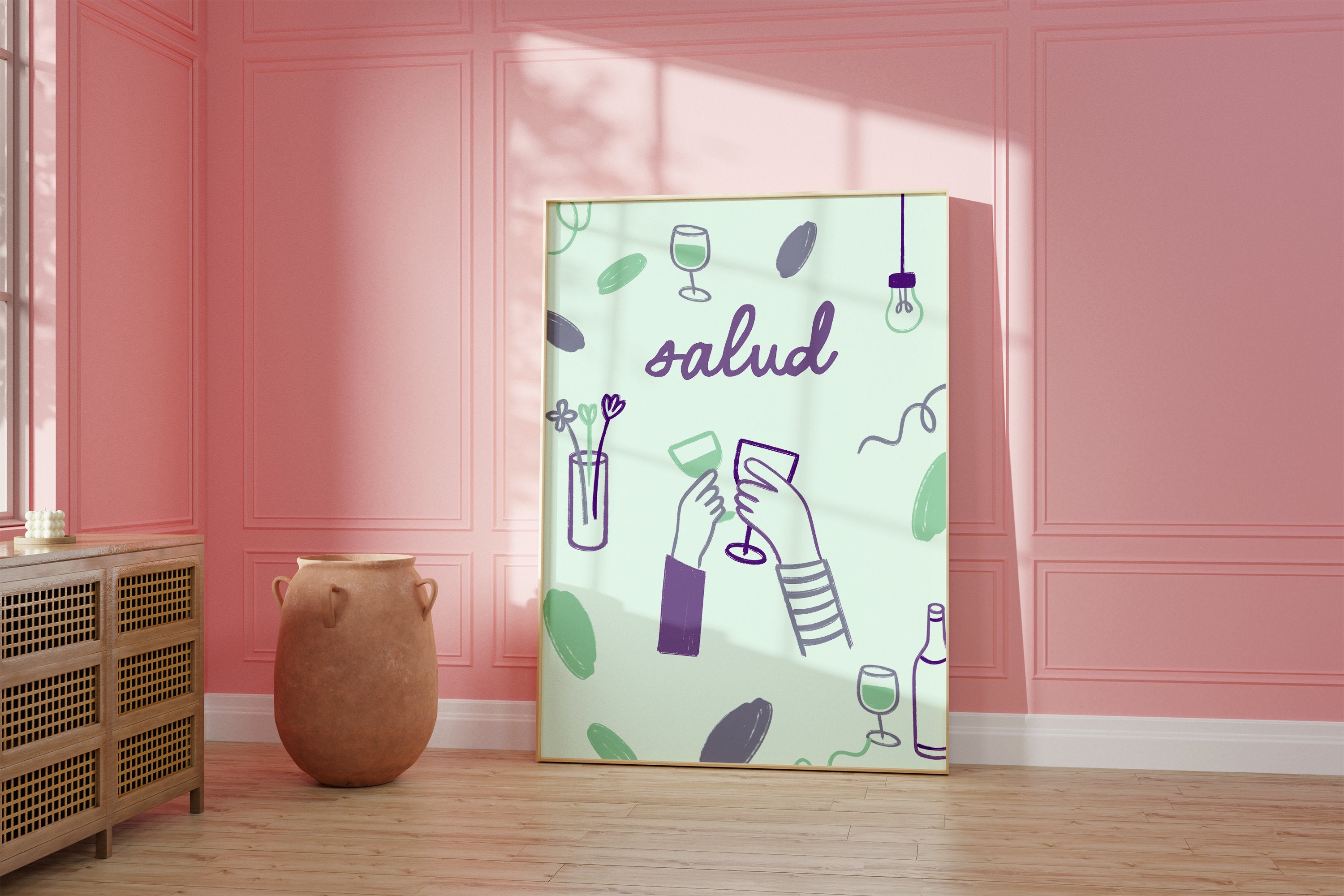Salud Art Print-Digital Download-Wine Art-Retro Print-Cheers Art Print-Trendy Art-70s Art Print-Girly Art-Cocktail Art-Preppy Pink Bar Art