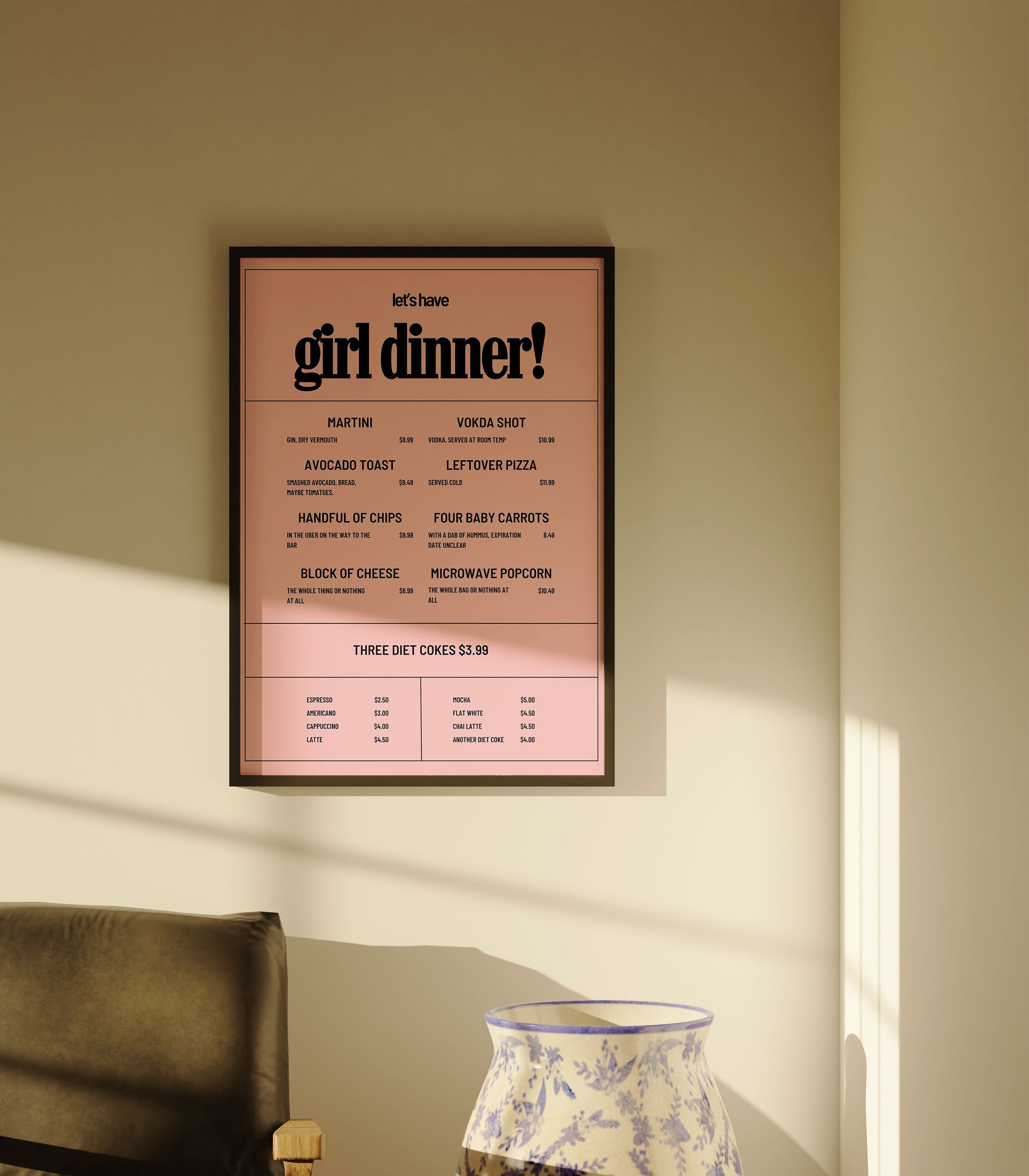 Girl Dinner Art, Pink Digital Art, Trendy Girl Art, Fun Pink Poster, Girly Art, Coquette Art, Cocktail Art, Bar Cart Art, Girl Apartment Art