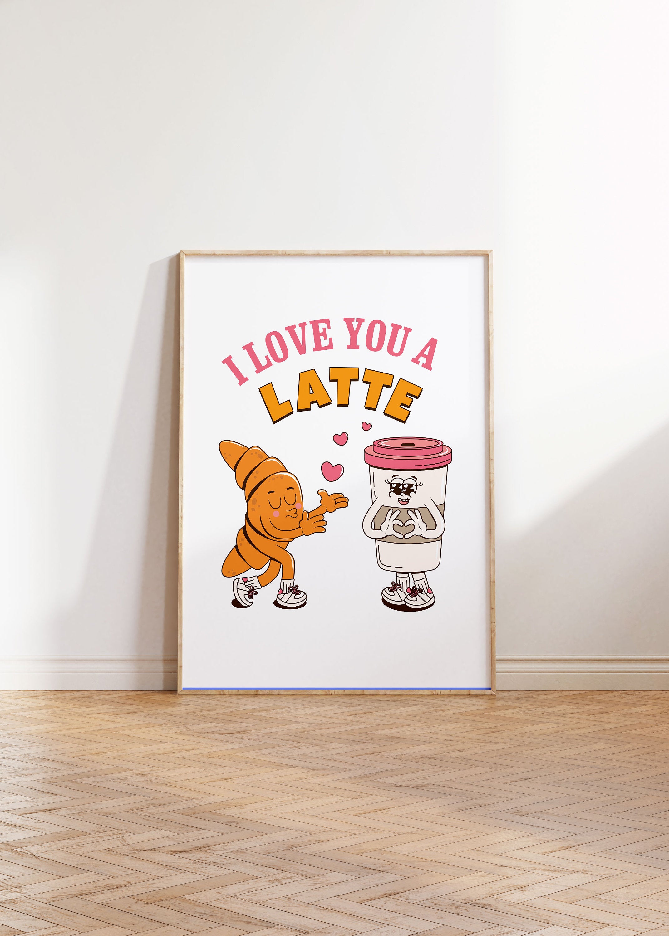 Cute Coffee Art, Retro Coffee Poster, Valentines Art, Pink Red Art, Latte Art, Vday poster, vday printable art, Latte Cartoon Art Print