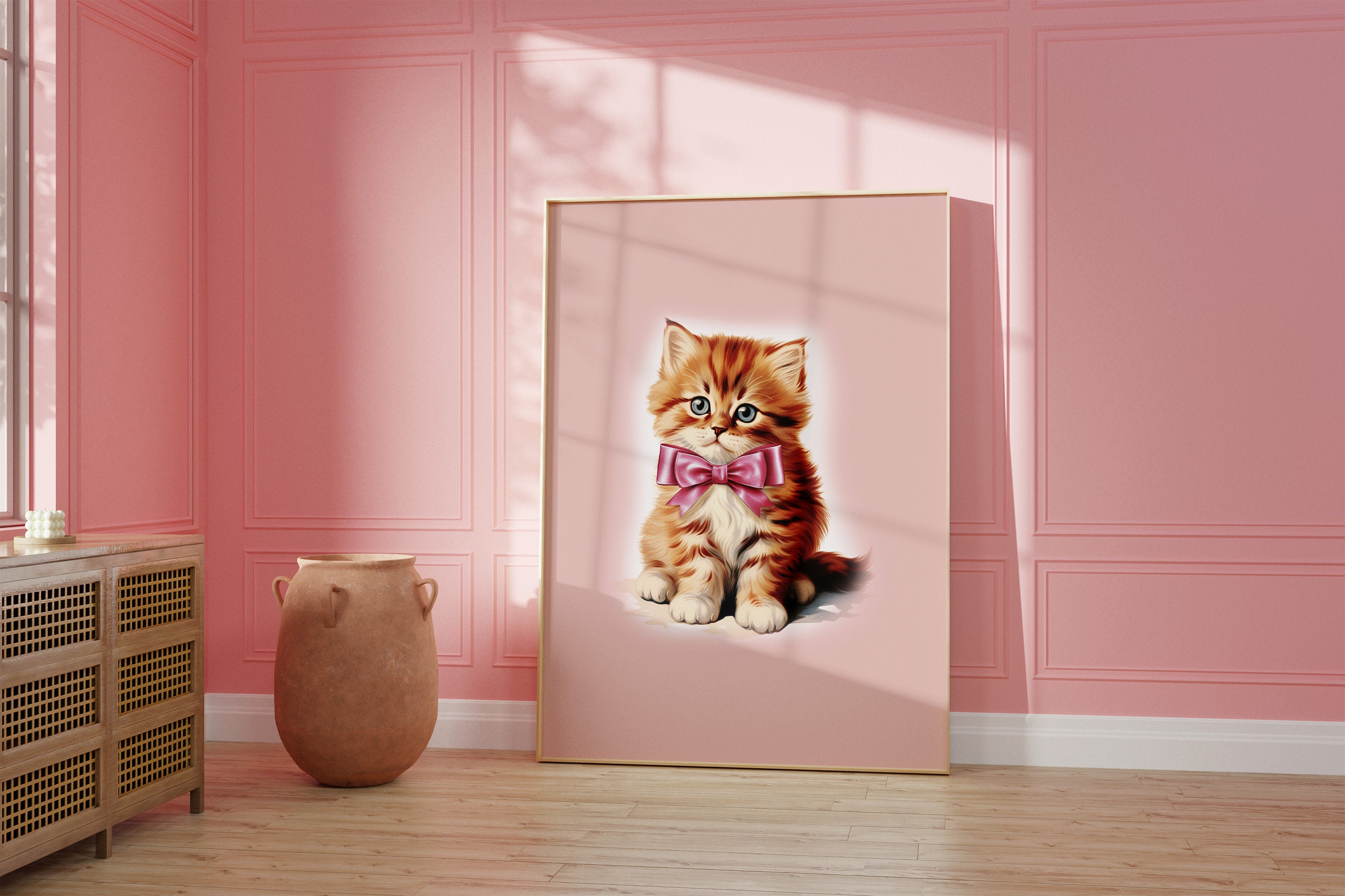 coquette print, grandmillenial art, preppy pink art, bow aesthetic print, kitten pink art, nursery girly wall art, cat apartment wall decor