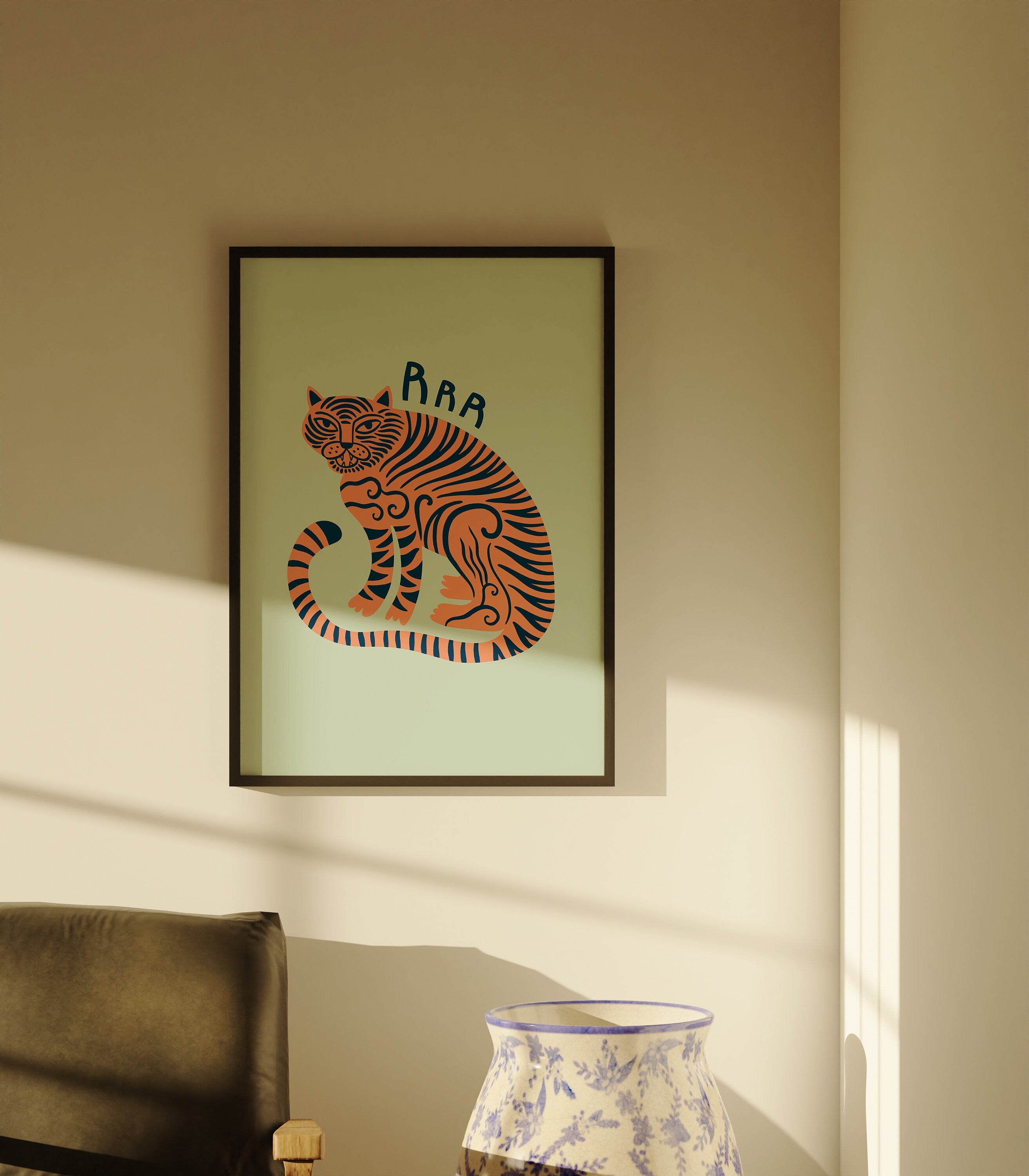 Tiger Art, Animal Art Print, Trendy Animal Prints, Kids Room Decor, Digital downloads, Tiger Rawr Art, Preppy Wall Art, Yellow Kids Posters