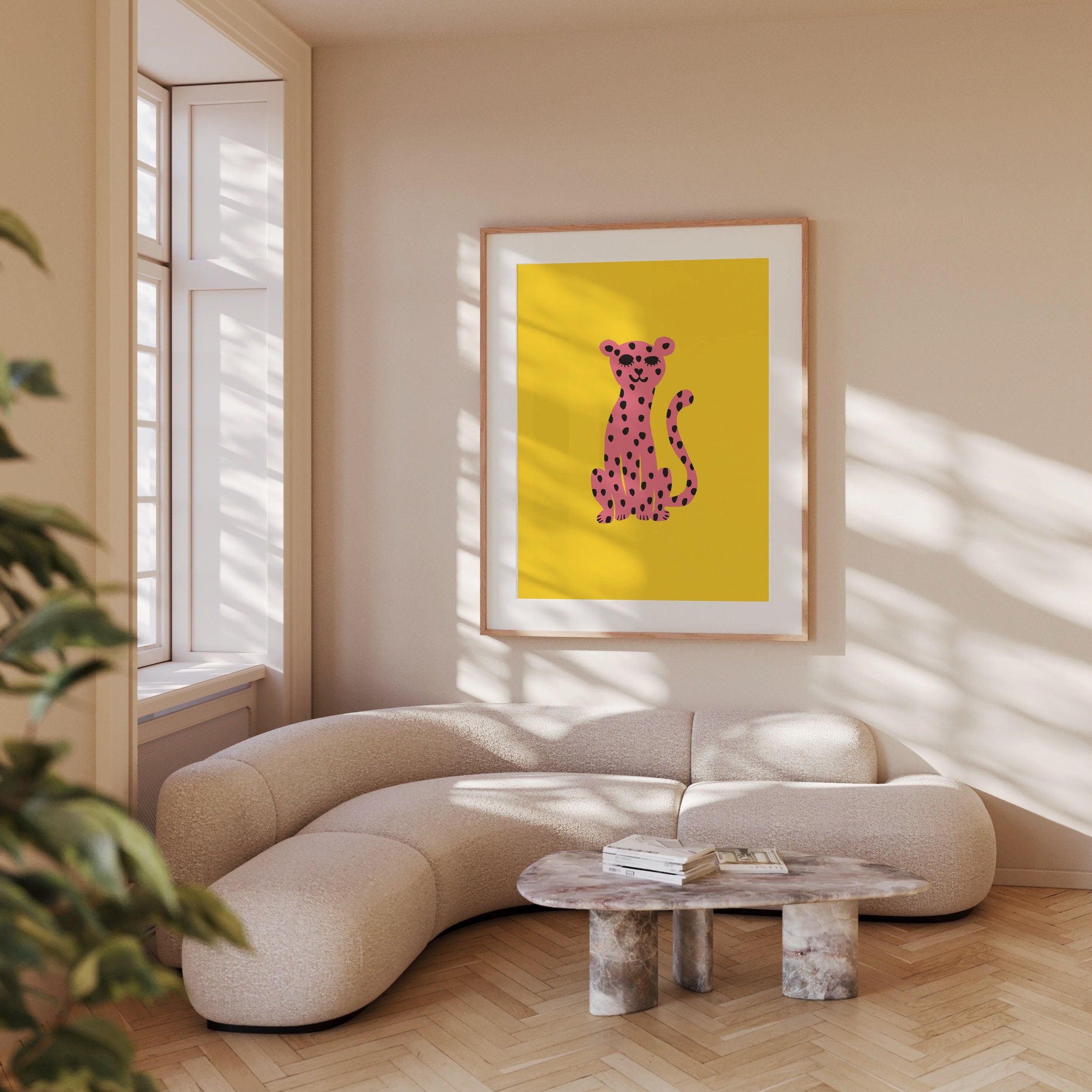 Yellow Animal Art, Kids Room Print, Digital download, Pink and Yellow Art, Preppy Wall Art, Pink Art Print, Funky Animal Art, Funky Posters