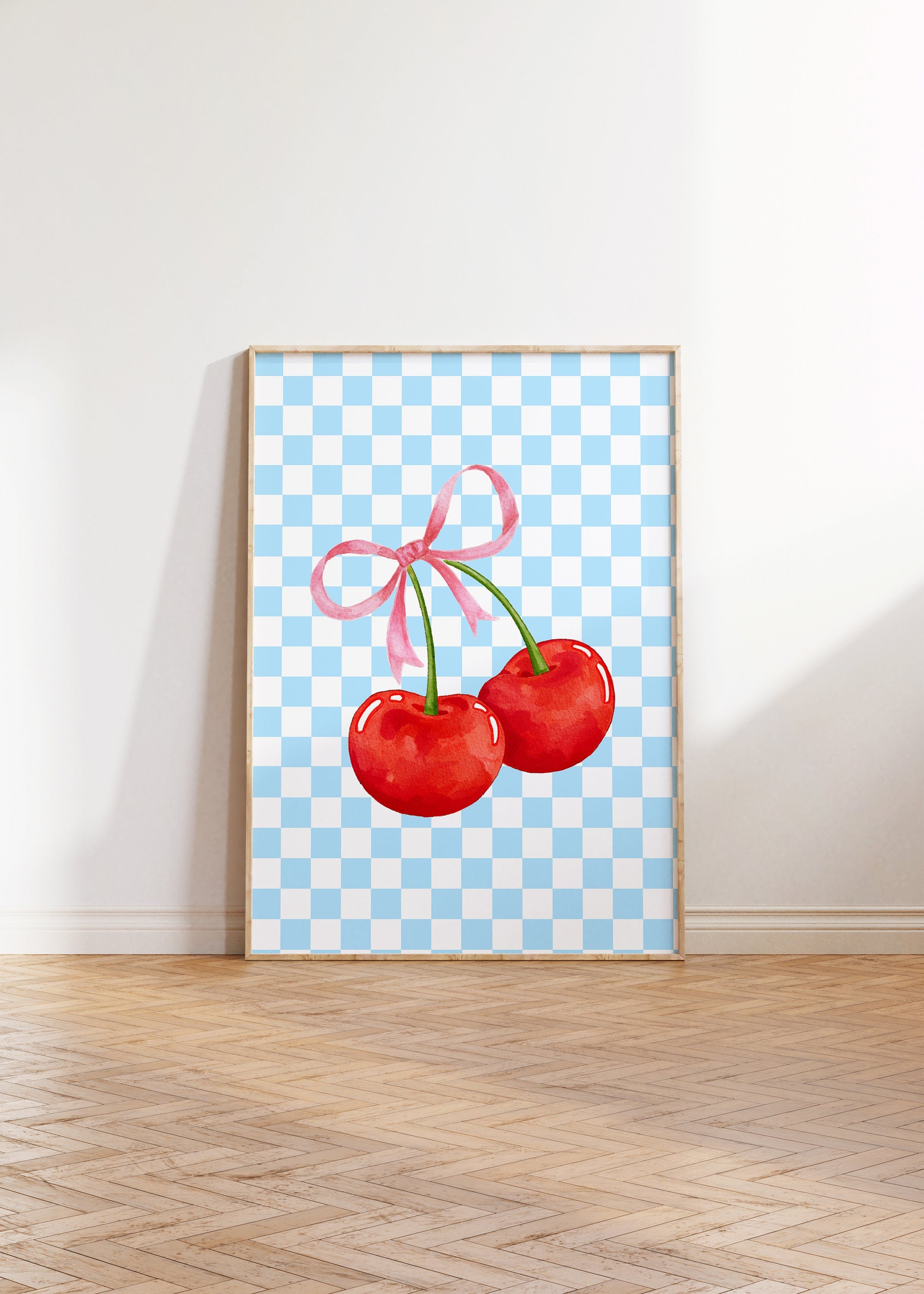Cherry Poster, Cute Wall Art, Digital Download, Fruit Art Print, Digital Art, Trendy Wall Art, Home Decor, Blue Cherry Art, Coquette Poster
