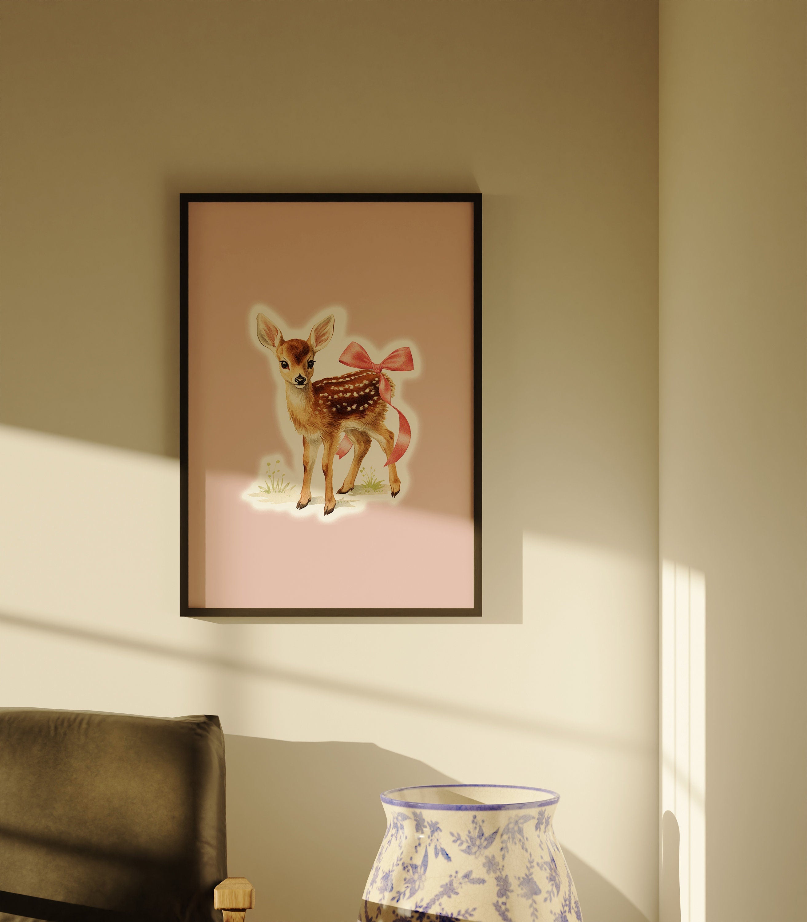coquette print, grandmillenial art, preppy pink art, bow aesthetic print, deer pink art, nursery girly wall art, animal apartment wall decor