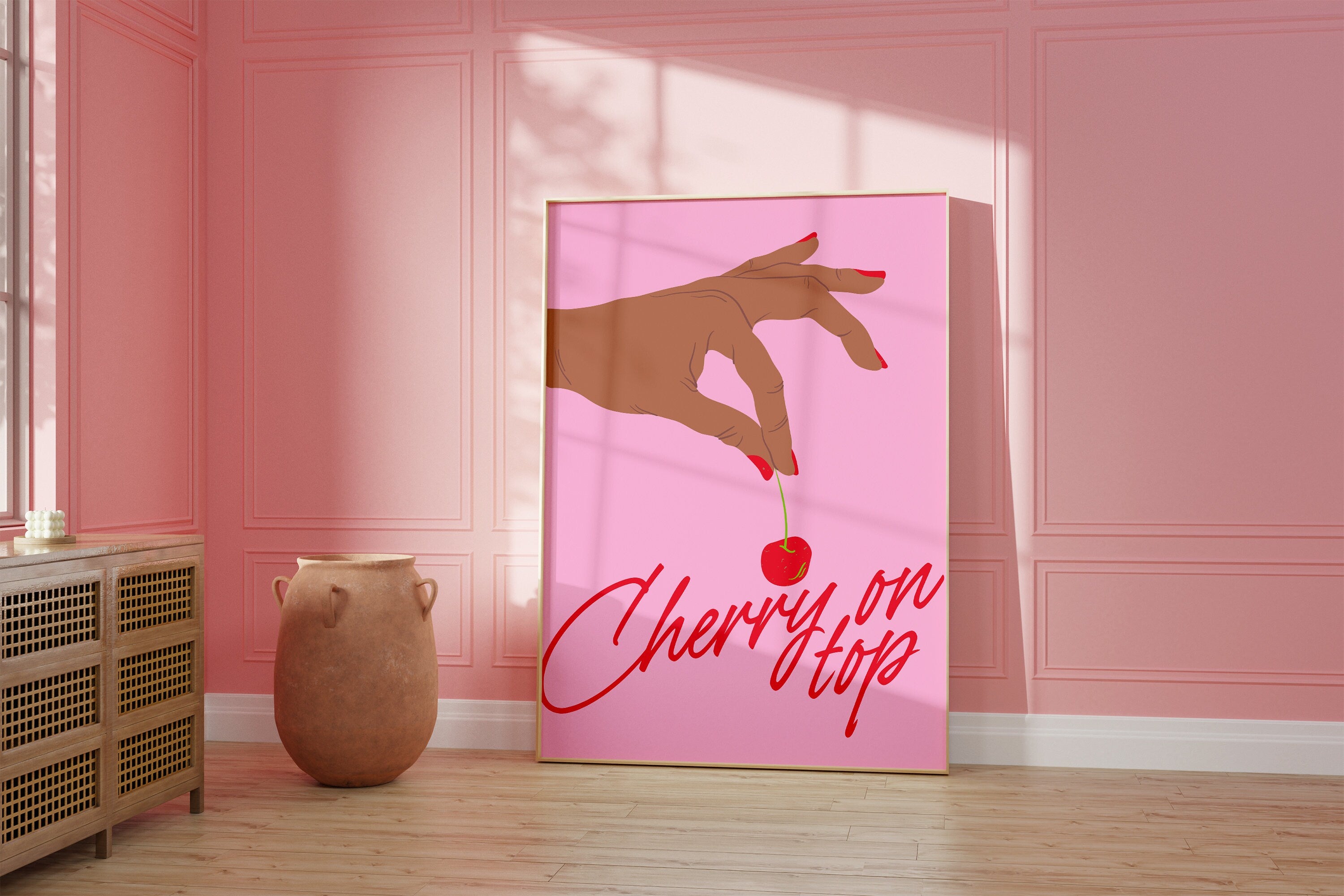 Cherry Poster, Cute Wall Art, Digital Download, Fruit Art Print, Digital Art, Trendy Wall Art, Home Decor, Pink Cherry Art, Coquette Poster