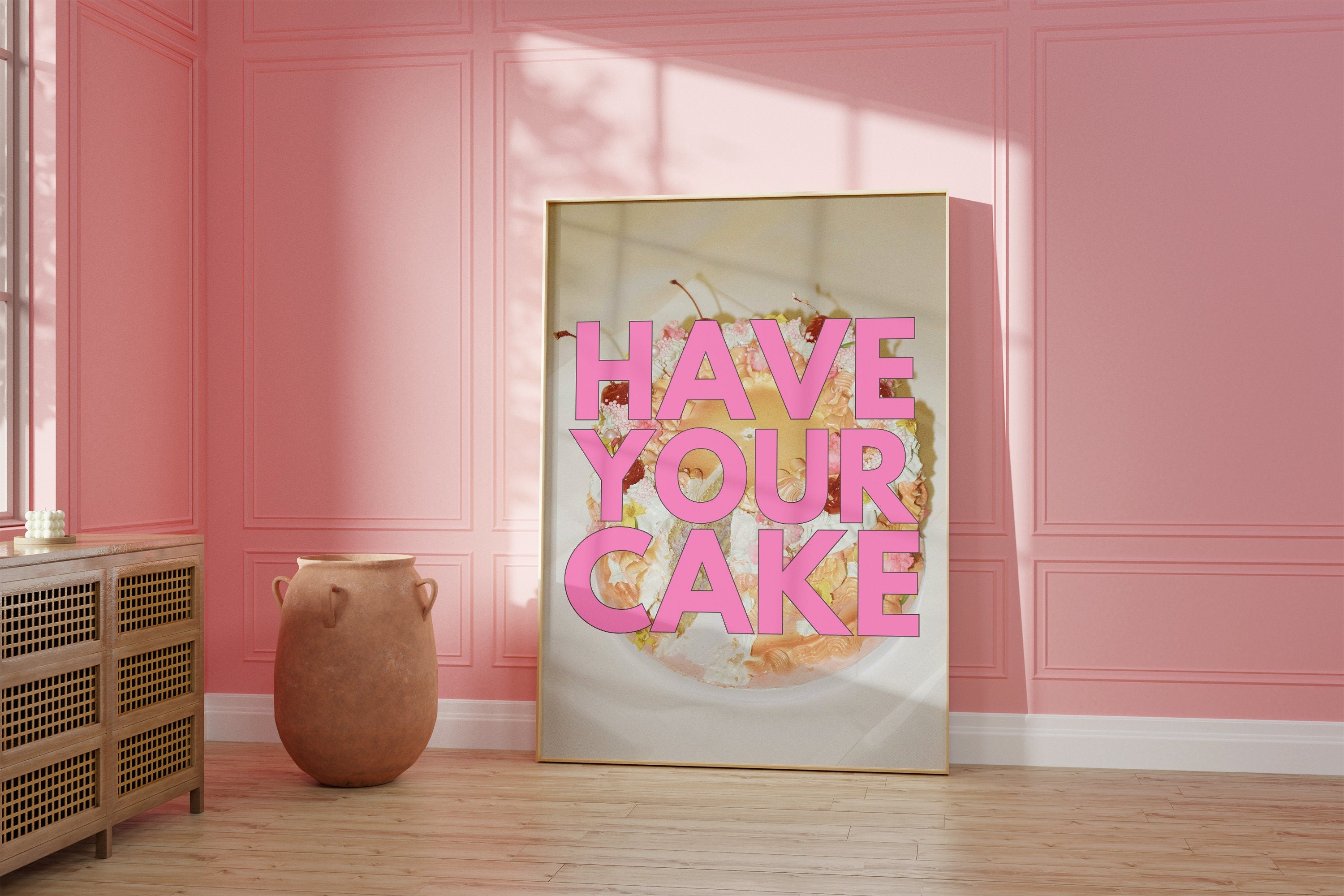 Cake Art, Digital Download, Vday Wall Art, Coquette Cake Art, Trendy Wall Art Print, Kitchen, Pink Kitchen Wall Decor, Pink Cake Art
