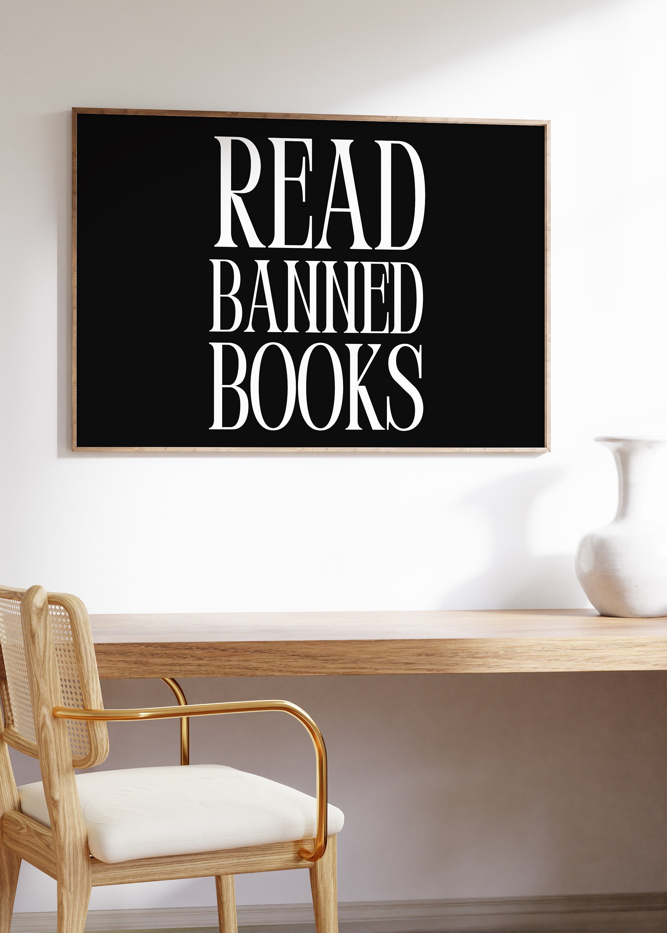 Read Banned Books-Large Black Art-Black Wall Print-Reading Art Prints-Art For Classrooms-Living Room Decor-Books Wall Art-Reading Poster