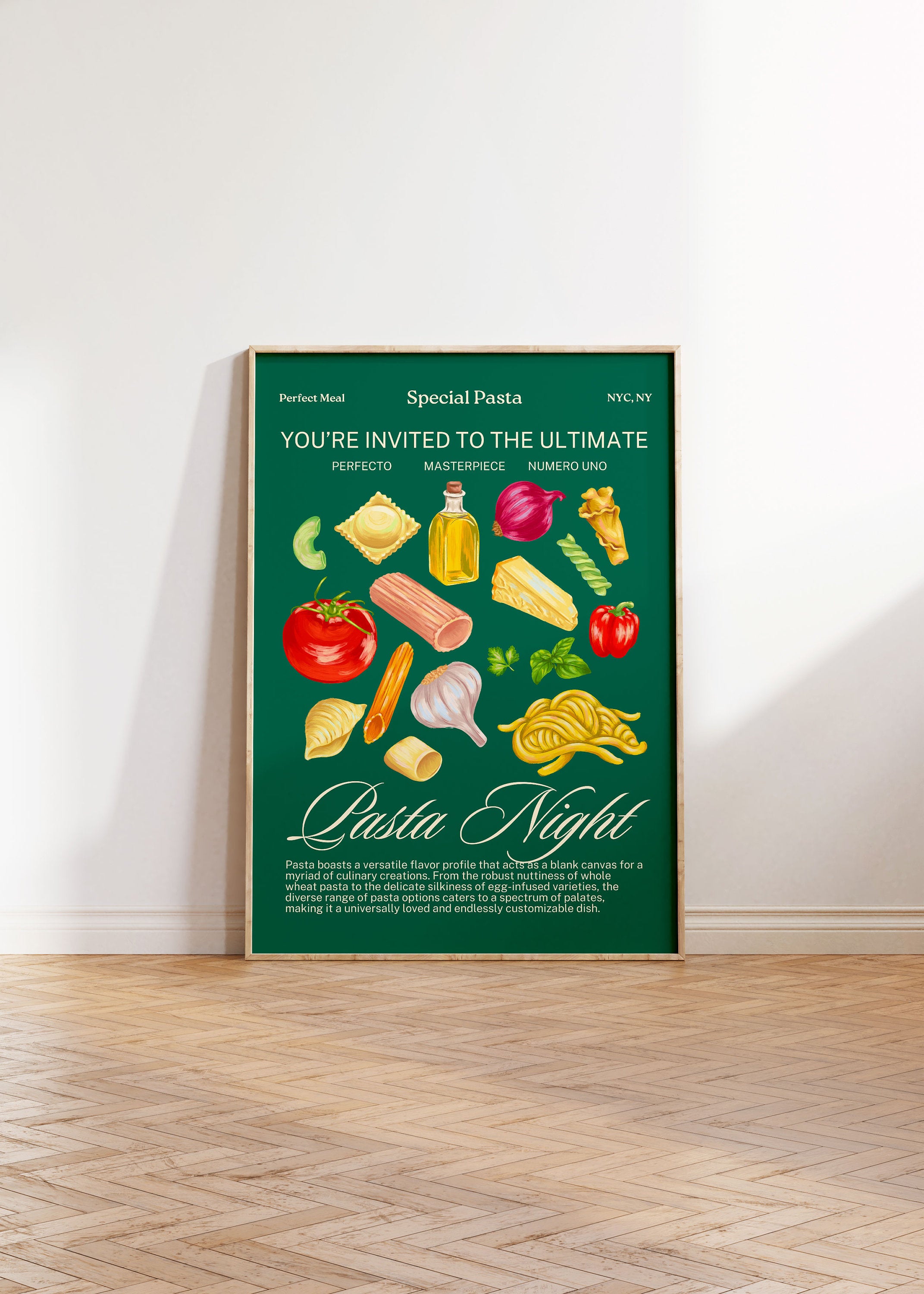 Pasta Art Print, Digital Download, Wall Art Print, Digital Food Art Print, Trendy Wall Art Print, Kitchen Wall Print, Green Kitchen Decor