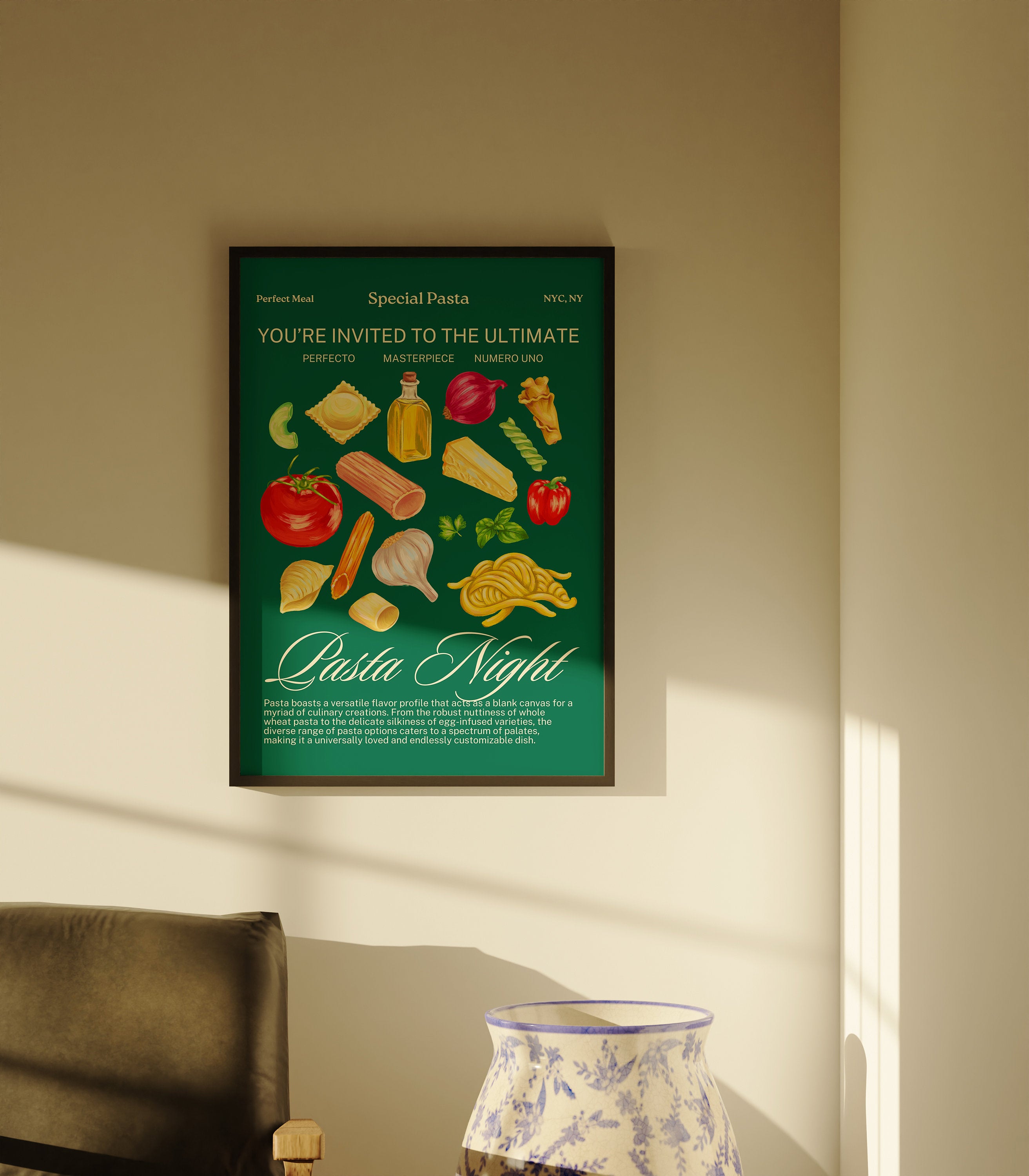 Pasta Art Print, Digital Download, Wall Art Print, Digital Food Art Print, Trendy Wall Art Print, Kitchen Wall Print, Green Kitchen Decor