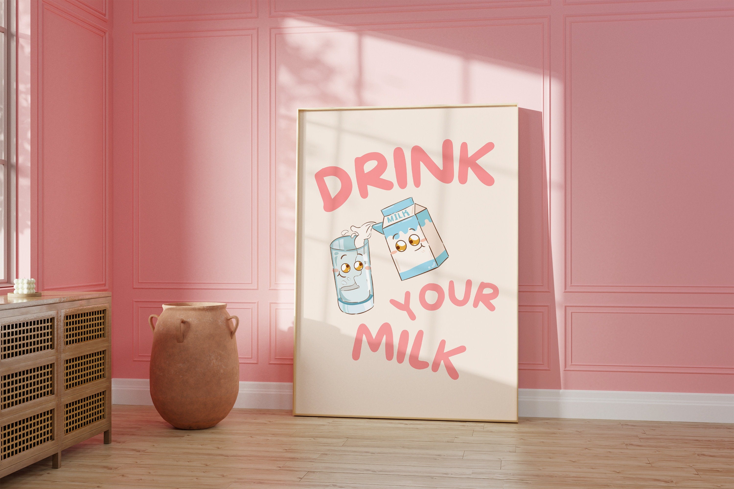 Drink Your Milk, Digital Prints, Wall Art Print, Kids Art Prints, School Art, Kids Room, Kids Decor, Kitchen Decor, Cute Cartoon Art Print