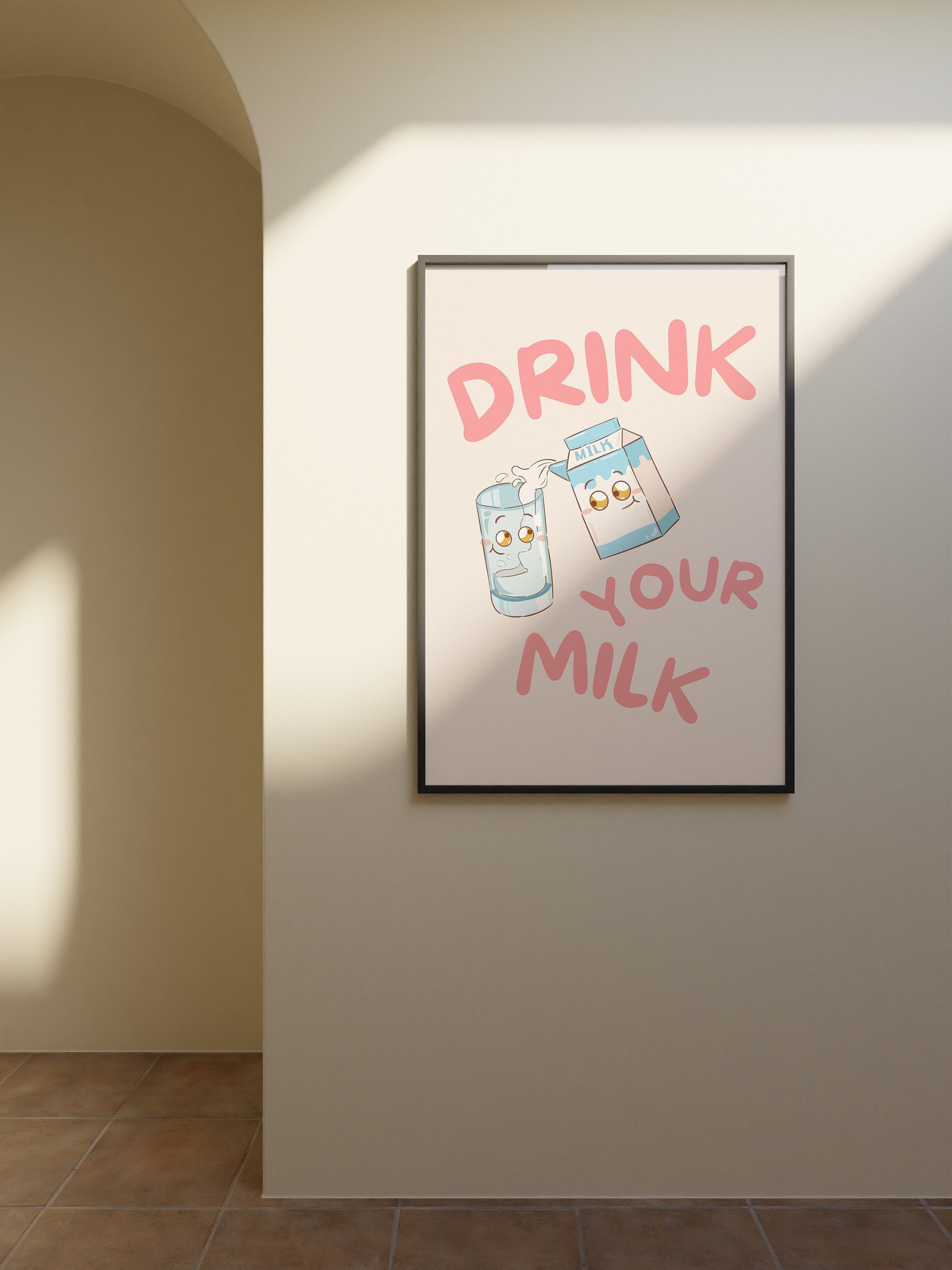 Drink Your Milk, Digital Prints, Wall Art Print, Kids Art Prints, School Art, Kids Room, Kids Decor, Kitchen Decor, Cute Cartoon Art Print