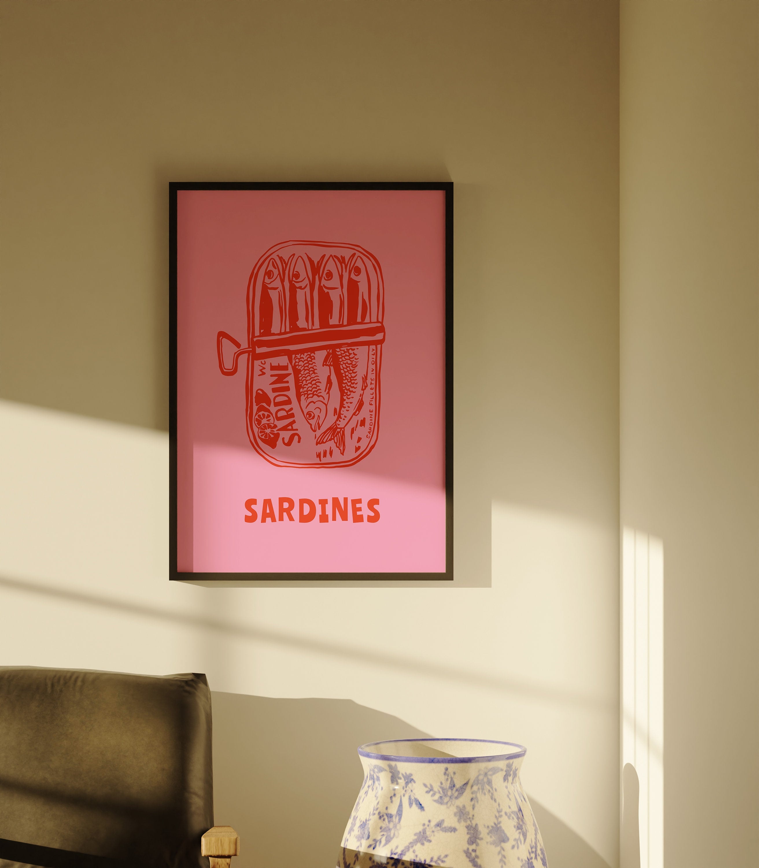 Sardines Print, Vintage Food Print, Seafood Print, Retro Food Art, Modern Kitchen Art, Trendy Pink Print, Pink Food Poster, Kitchen Art