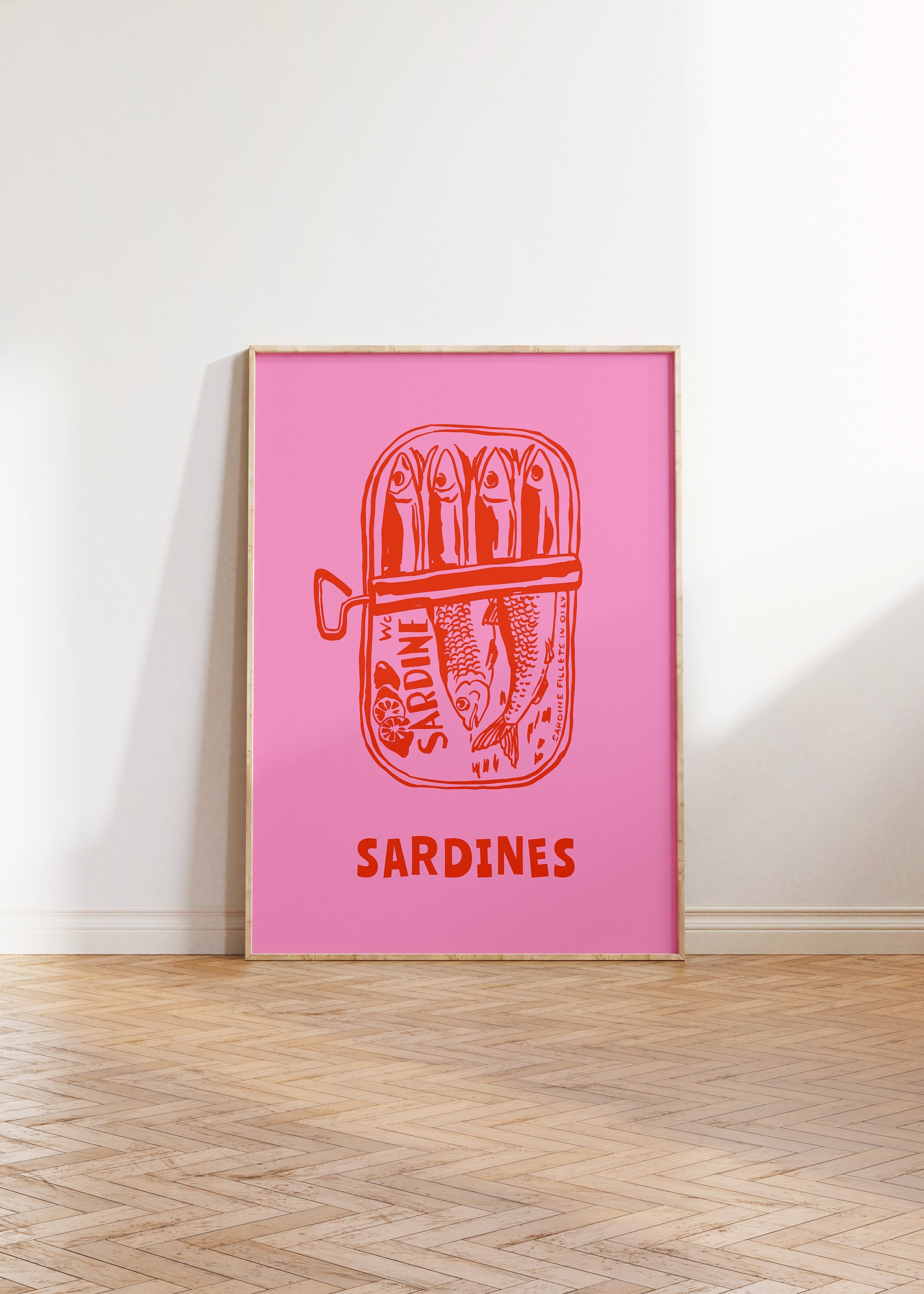 Sardines Print, Vintage Food Print, Seafood Print, Retro Food Art, Modern Kitchen Art, Trendy Pink Print, Pink Food Poster, Kitchen Art