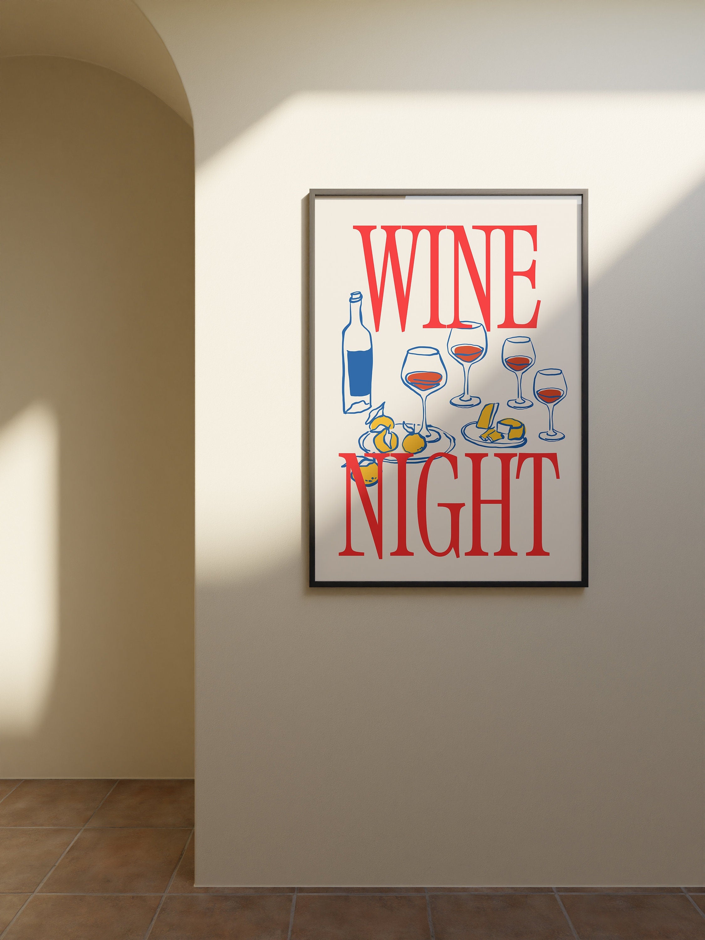 Wall Art Download, Scribbled Print, Modern Kitchen Printables, Bar Cart Prints , Red Blue Art, Trendy Wine Lover Gift, Wine Night Poster