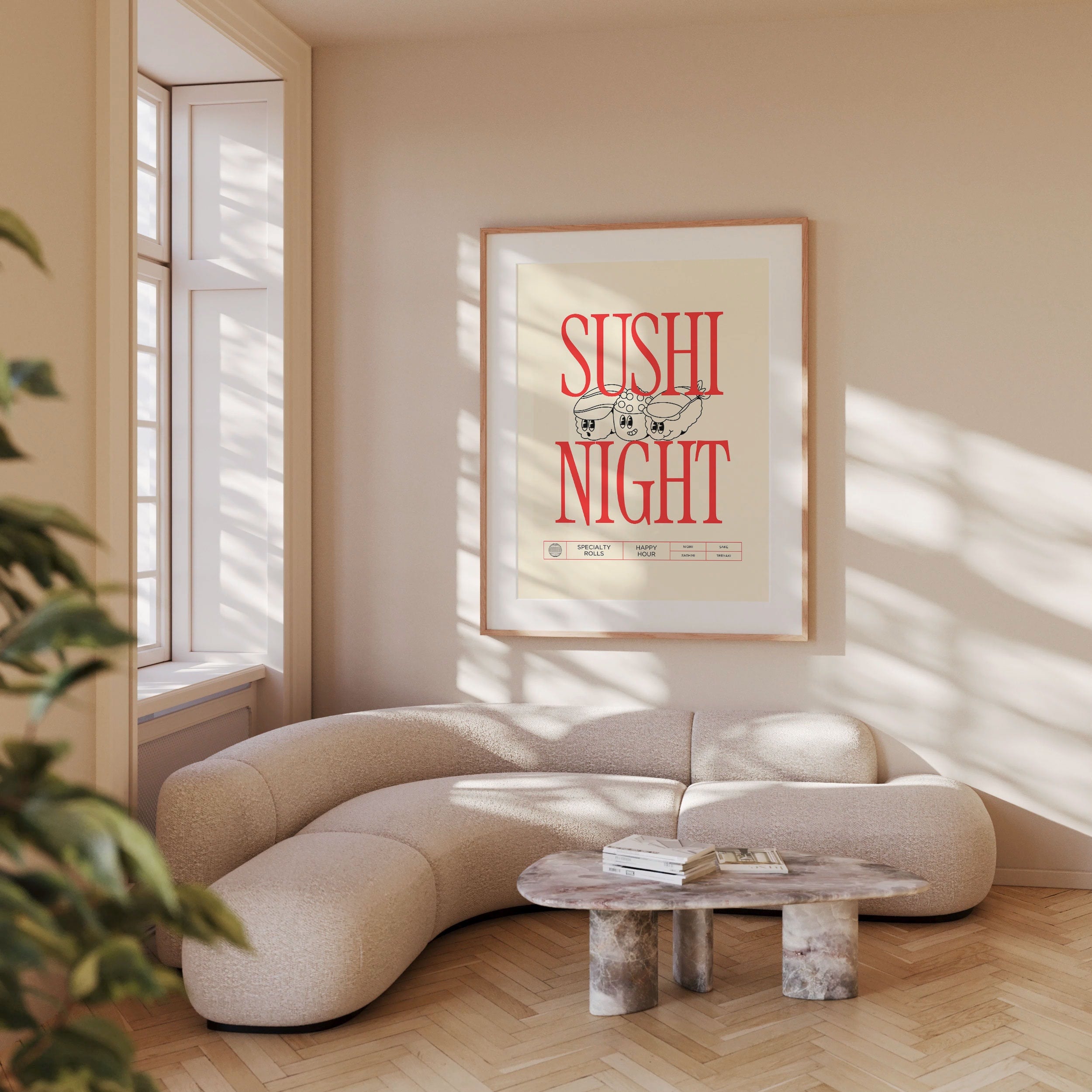 Sushi Art, Digital Download, Kitchen Wall Art, Cartoon Art, Trendy Wall Art Print, Kitchen, White Kitchen Wall Decor, Sushi Night Poster