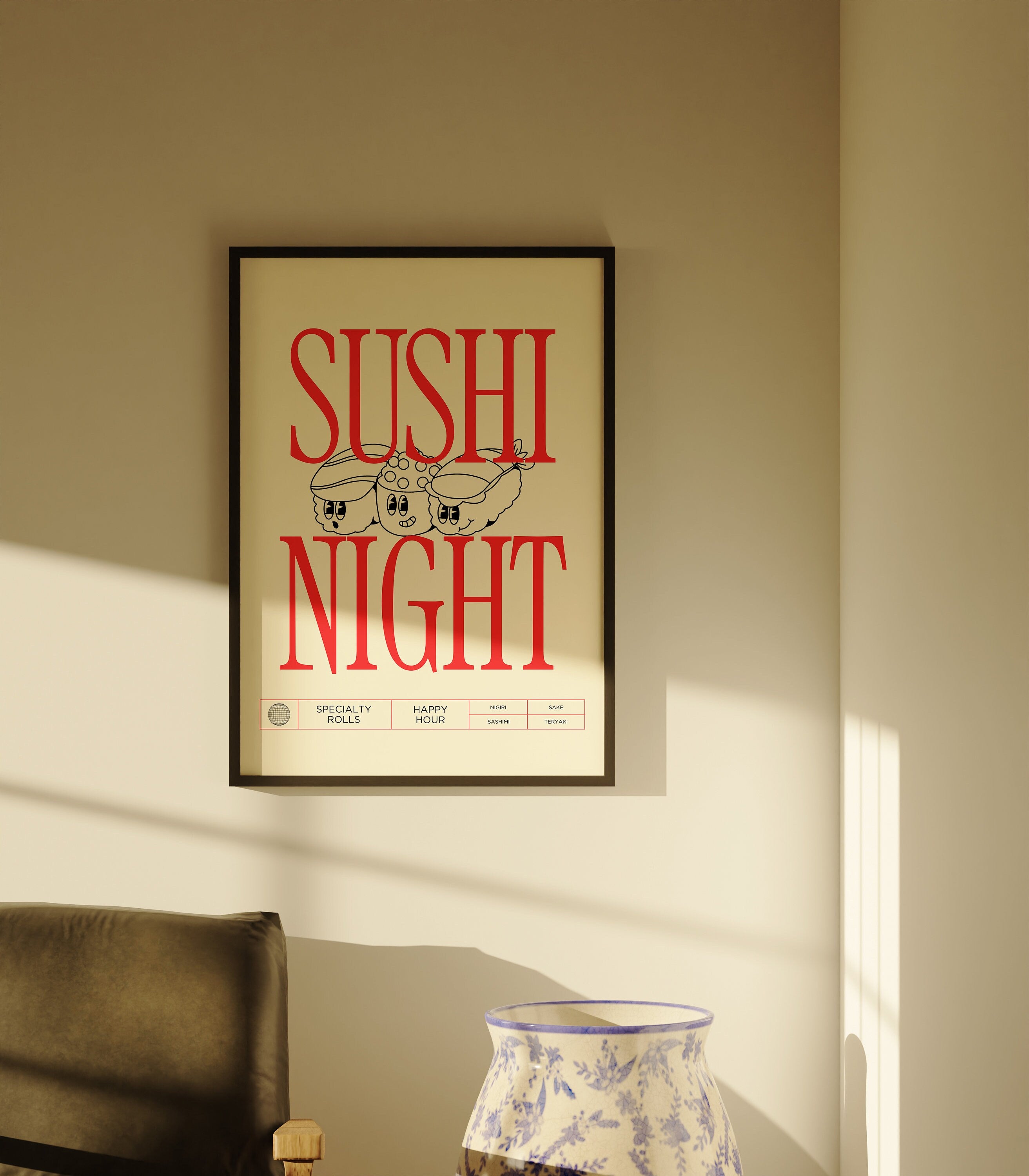 Sushi Art, Digital Download, Kitchen Wall Art, Cartoon Art, Trendy Wall Art Print, Kitchen, White Kitchen Wall Decor, Sushi Night Poster