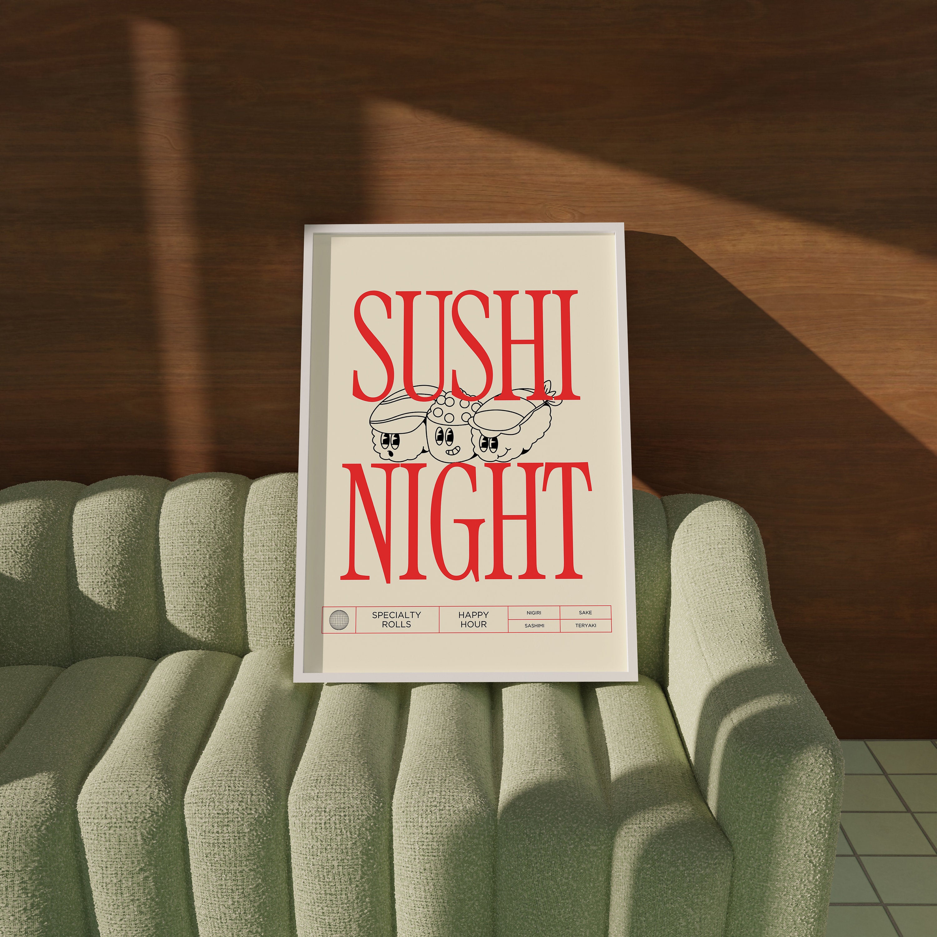 Sushi Art, Digital Download, Kitchen Wall Art, Cartoon Art, Trendy Wall Art Print, Kitchen, White Kitchen Wall Decor, Sushi Night Poster