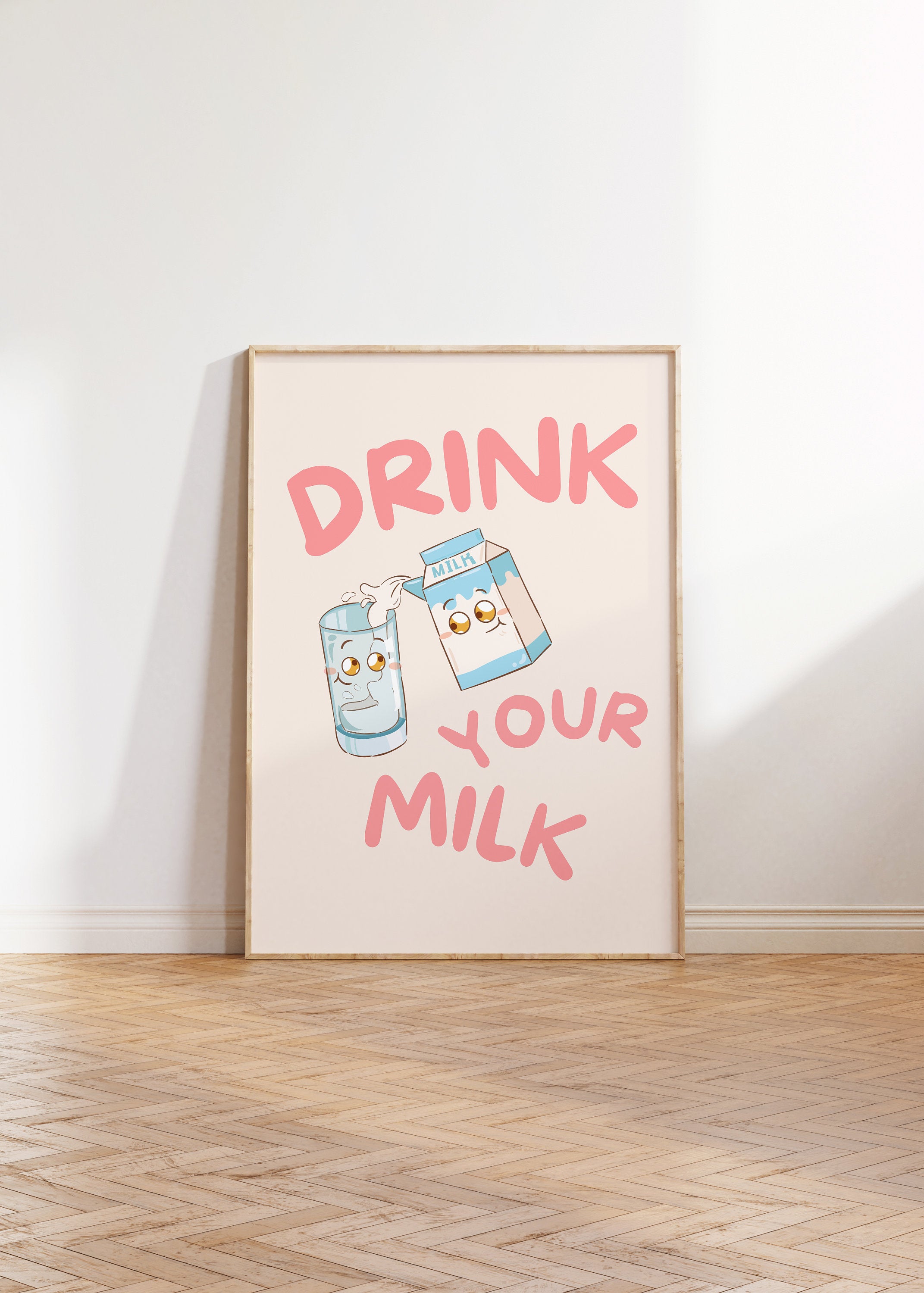 Drink Your Milk, Digital Prints, Wall Art Print, Kids Art Prints, School Art, Kids Room, Kids Decor, Kitchen Decor, Cute Cartoon Art Print