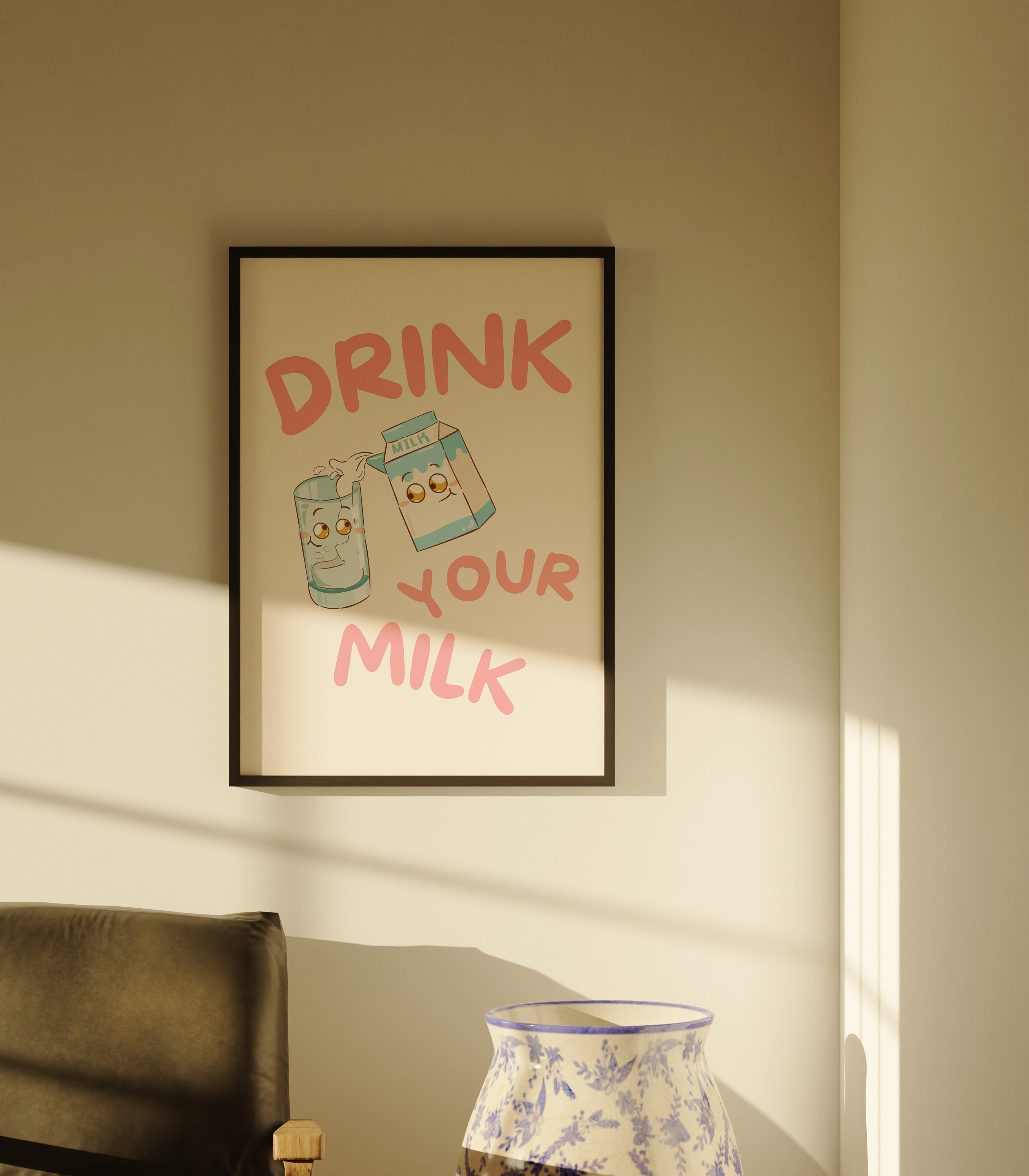 Drink Your Milk, Digital Prints, Wall Art Print, Kids Art Prints, School Art, Kids Room, Kids Decor, Kitchen Decor, Cute Cartoon Art Print