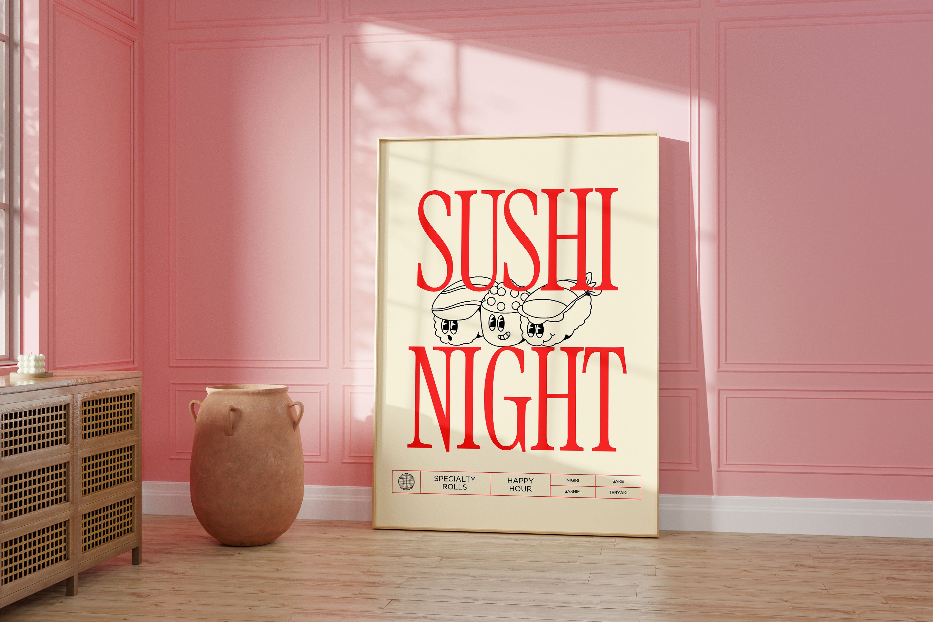 Sushi Art, Digital Download, Kitchen Wall Art, Cartoon Art, Trendy Wall Art Print, Kitchen, White Kitchen Wall Decor, Sushi Night Poster