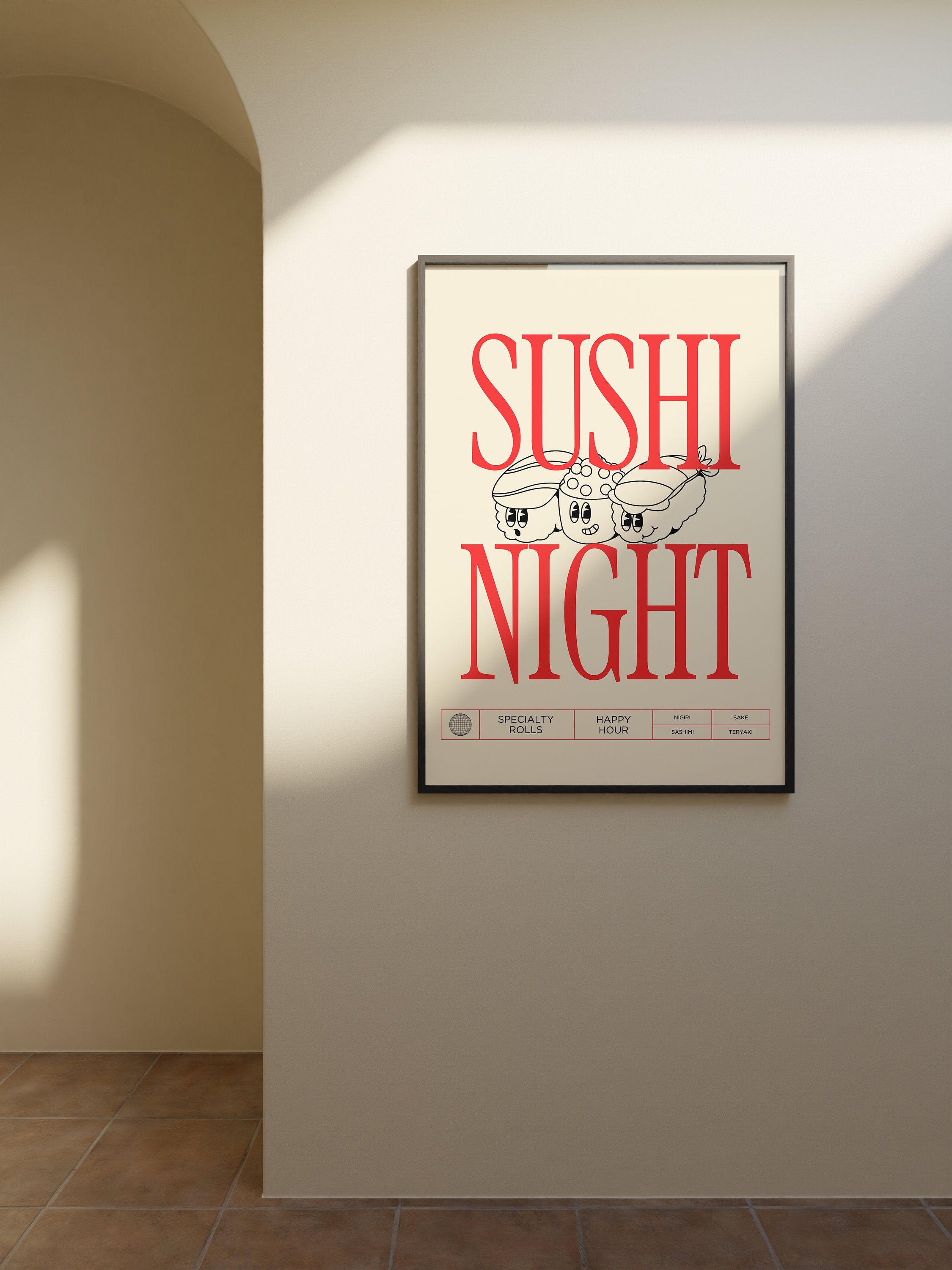 Sushi Art, Digital Download, Kitchen Wall Art, Cartoon Art, Trendy Wall Art Print, Kitchen, White Kitchen Wall Decor, Sushi Night Poster