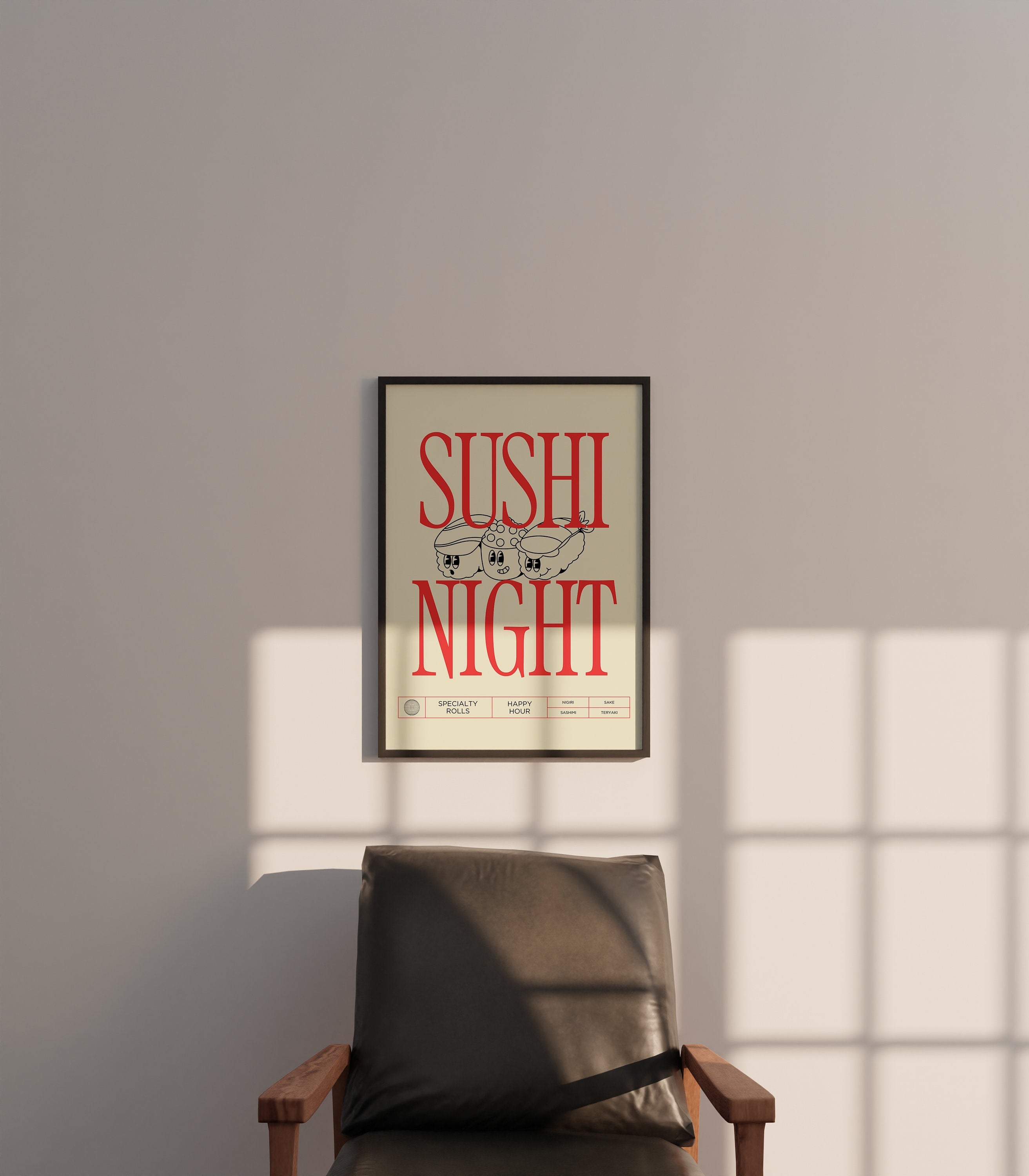 Sushi Art, Digital Download, Kitchen Wall Art, Cartoon Art, Trendy Wall Art Print, Kitchen, White Kitchen Wall Decor, Sushi Night Poster