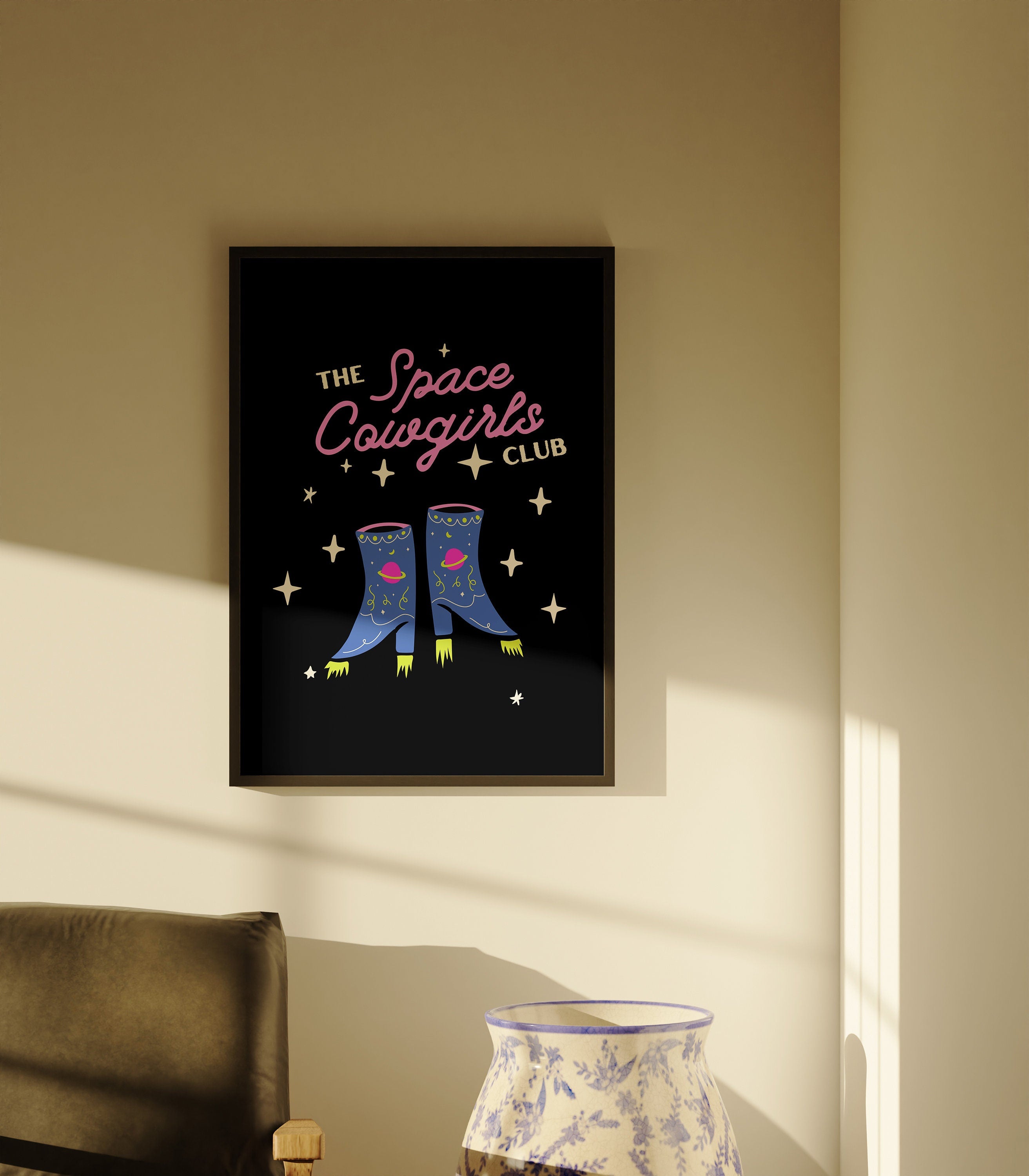 Cowboy Boots Art, Retro Cowboy Art, Giddy Up Art Print, Giddy Up Quote, Black Art Print, Large Wall Art, Girly Art Prints, Space Cowgirl